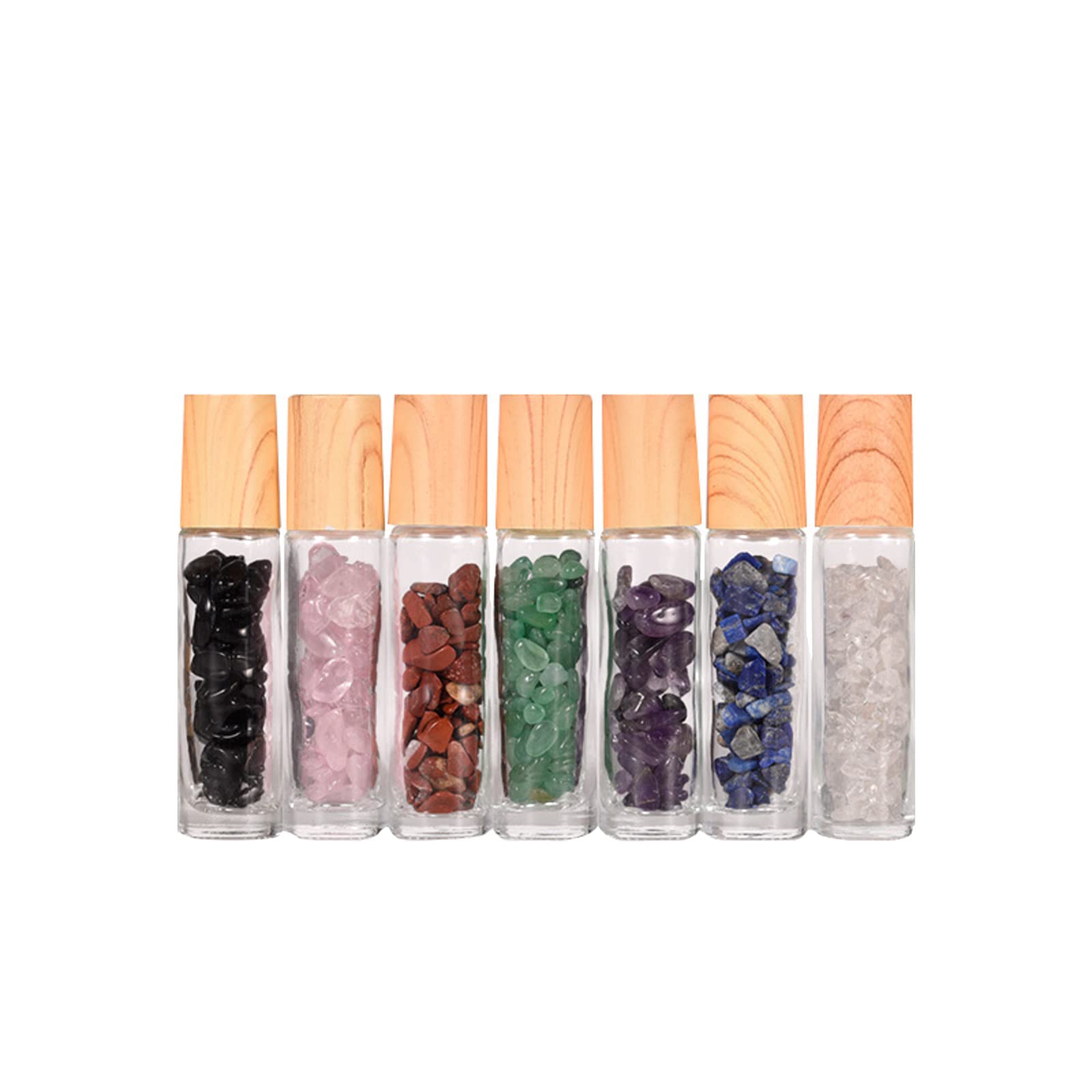 Botella de Aceite Esencial 10 ml, Botella de Viaje Envases Cosméticos, Gema Roll on Botella, Botellas con Rodillo para Cosméticos Recargables, Chips de Cristal Curativo en el Interior, 7 Pcs
