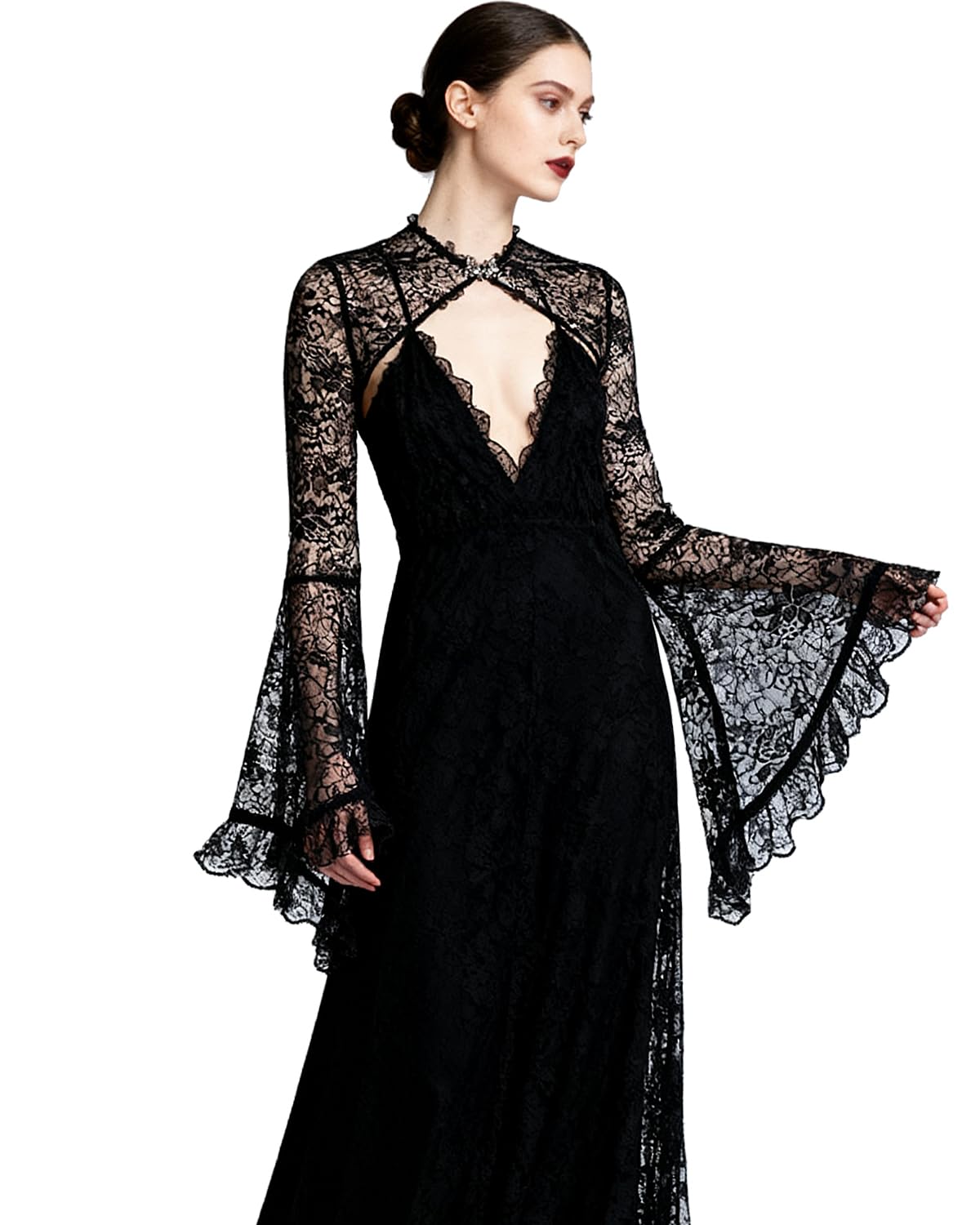 LVOW Womens Lace Bolero Shrug Goth Crop Top Victorian Lace Sleeves for Witch Vampire Cosplay