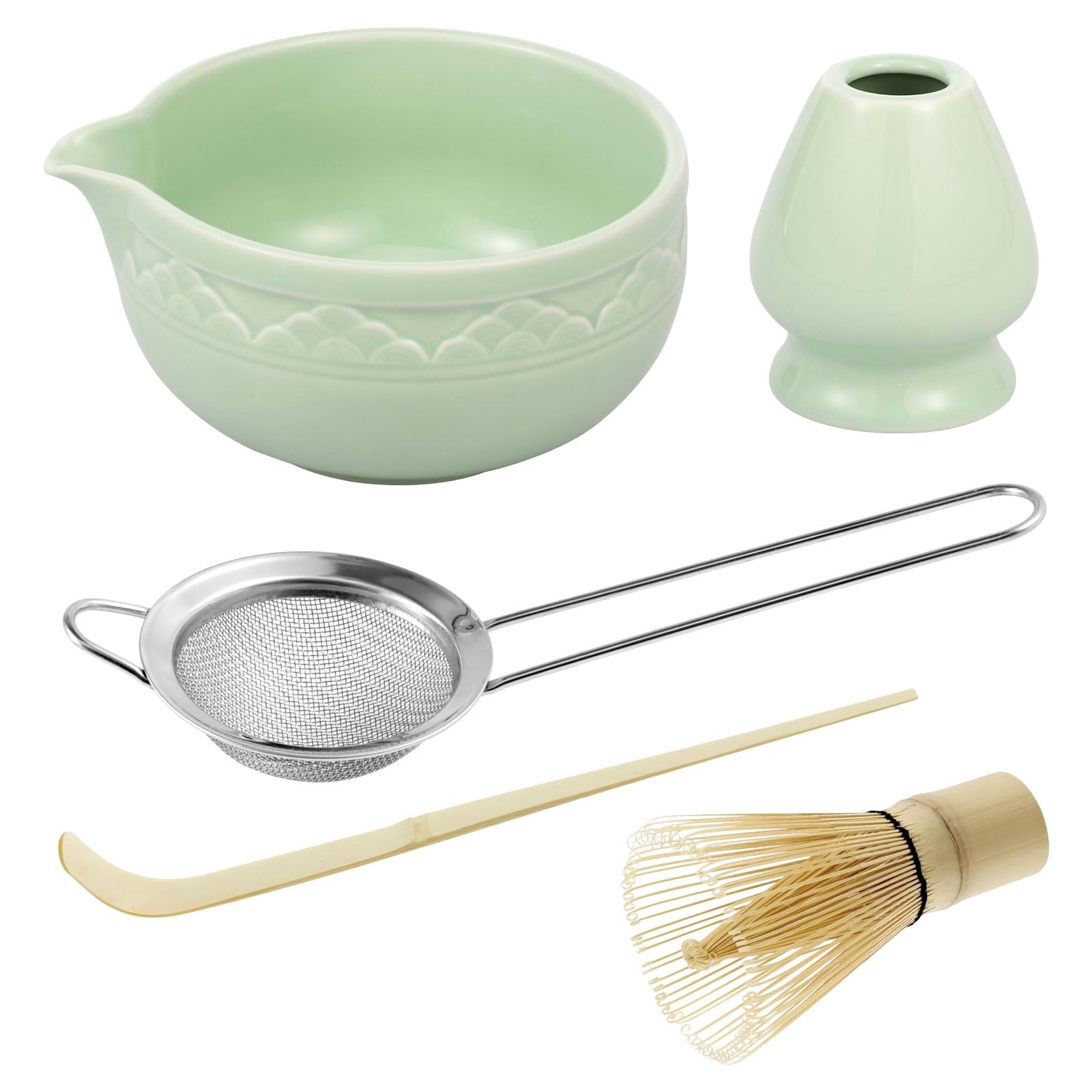 ZJRDYYK 5 Pcs Matcha Whisk Set Include Ceramic Matcha Bowl with Spout, Whisk and Holder, Bamboo Tea Scoop, Stainless Steel Sifter (B)
