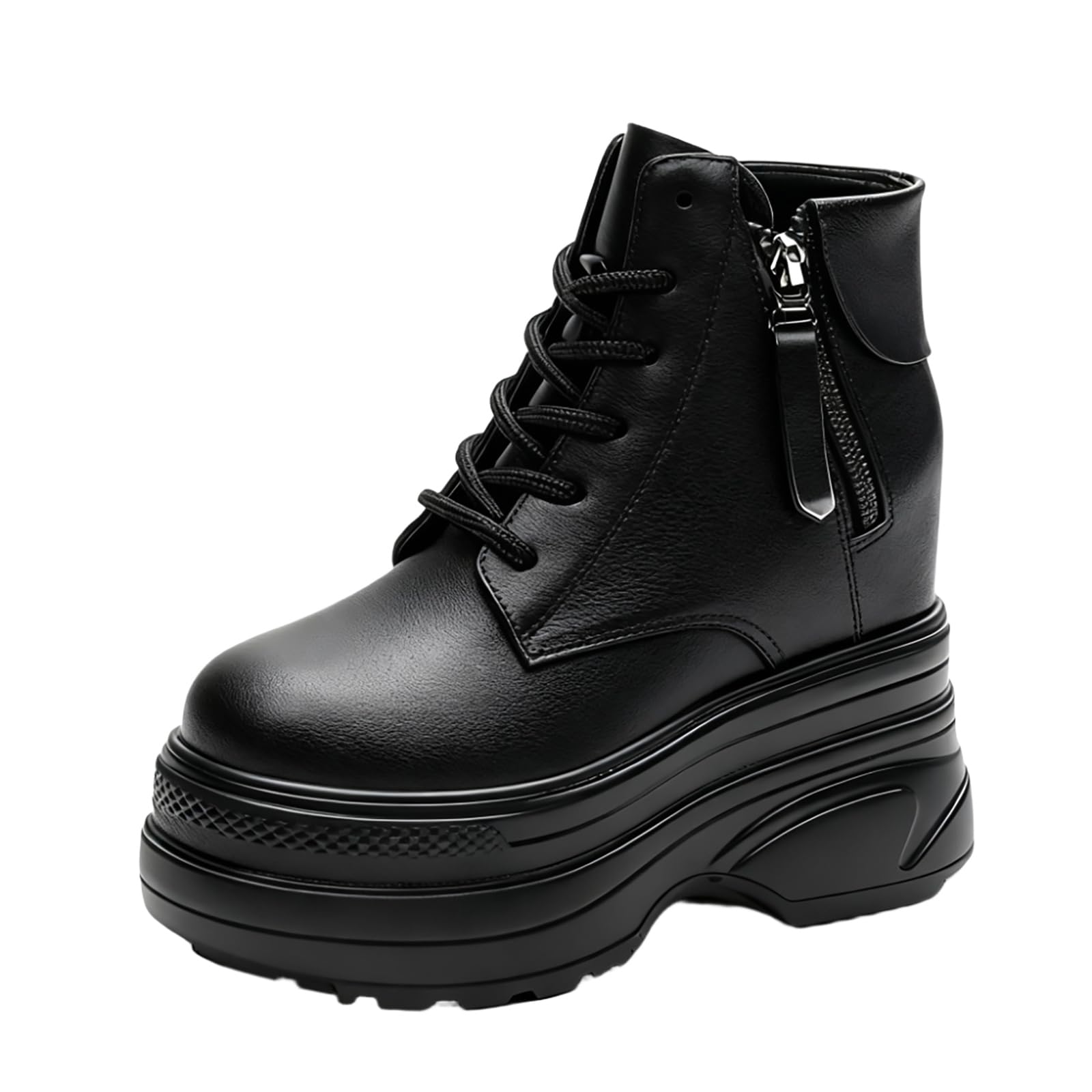 Womens Goth Leather 2 75-Inch Thick Sole Ankle Boots With Side Zipper Stylish Round-Toe Lace-Up Invisible Height Increase
