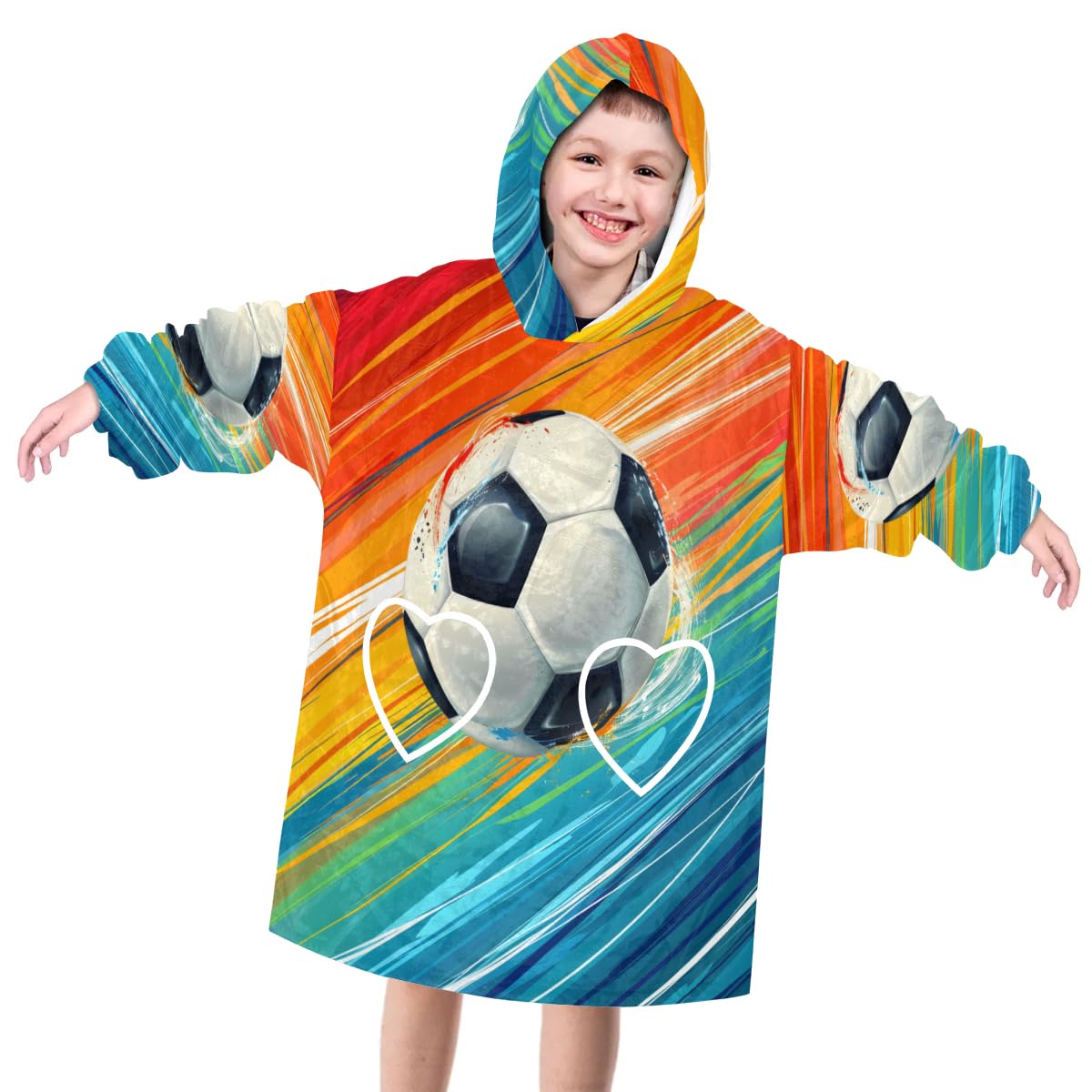 Wearable Blanket Hoodie for Kids, Rainbow Football Fleece Sweatshirt Blanket Oversized Blanket Sweatshirt with Pocket Flannel Warm Hooded Blanket 6-10 Year Old Girl Boy Gift, One Size