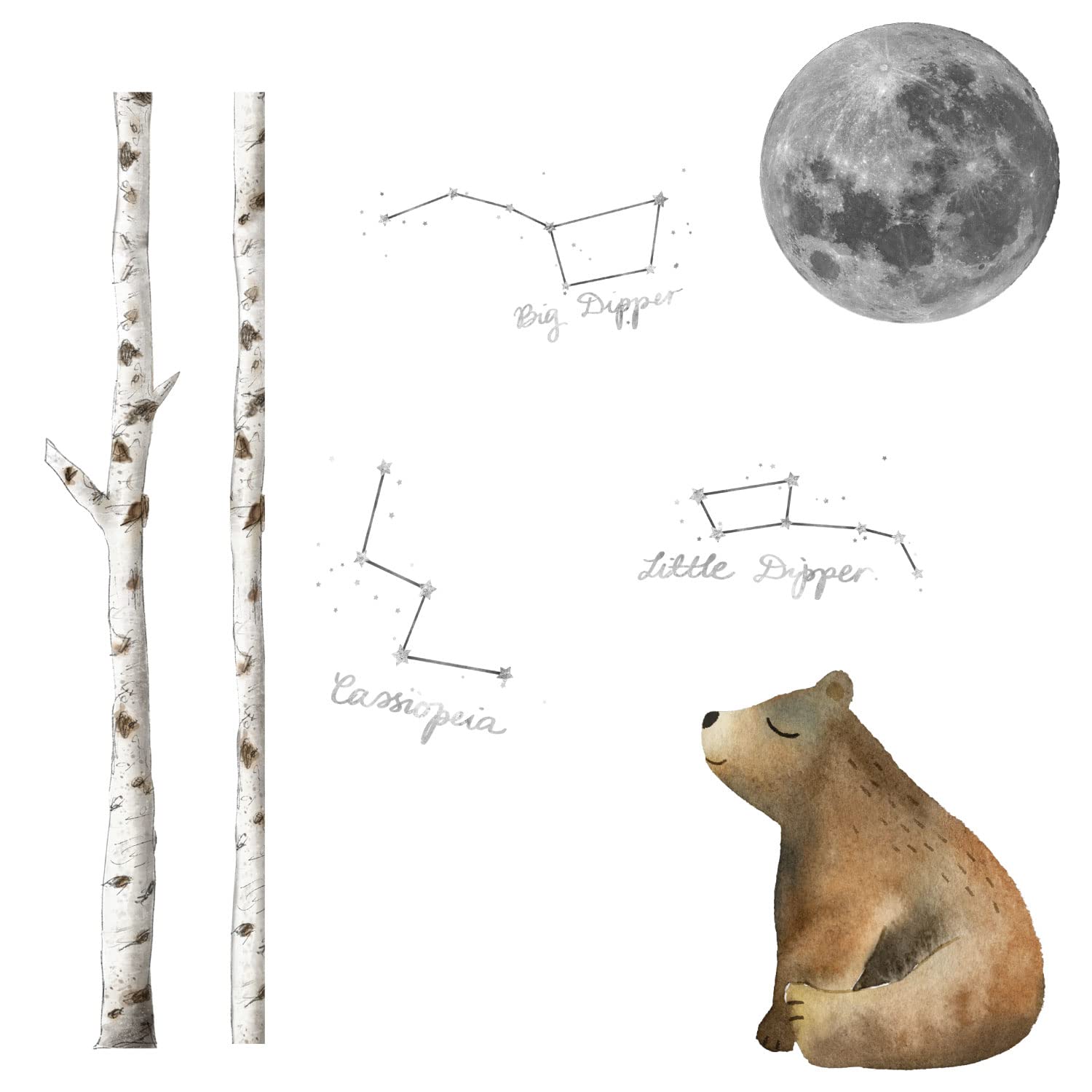Woodland Night Sky zestaw naklejek ściennych (niedźwiedź po lewej stronie) | leśne naklejki ścienne | idealne do dekoracji sypialni dziecięcej lub pokoju dziecięcego z motywem leśnym