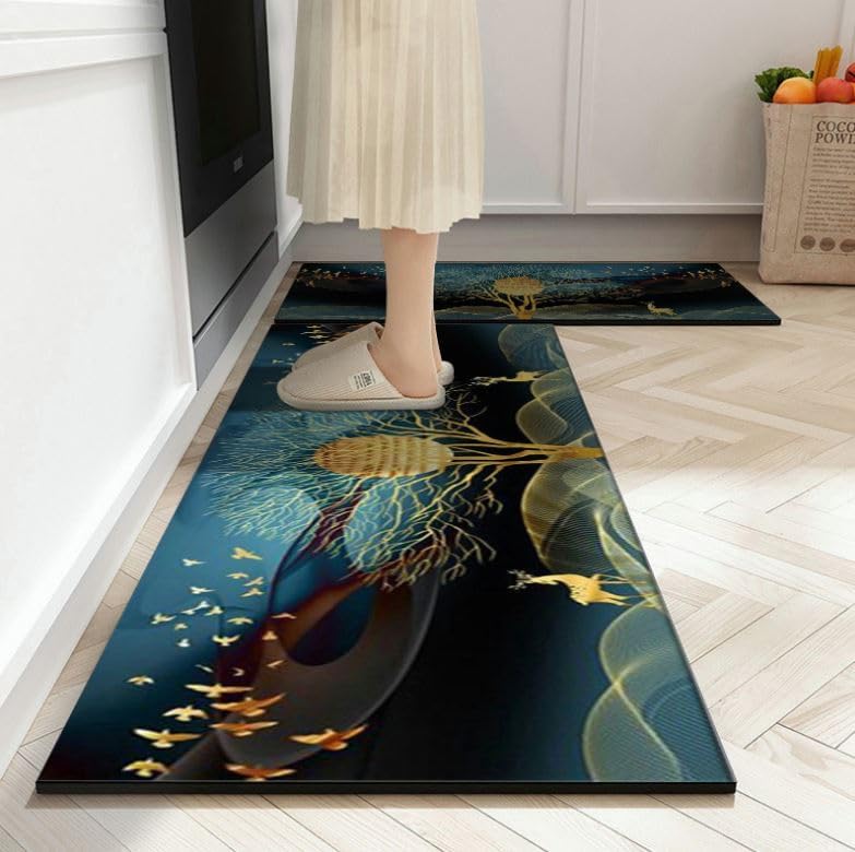 Image of YAGVIZ 2Pcs Washable Kitchen Mat Sets,Anti Fatigue Kitchen Rugs Runner Non Slip,Water Absorbent Kitchen Floor Mat for Laundry,Bedroom