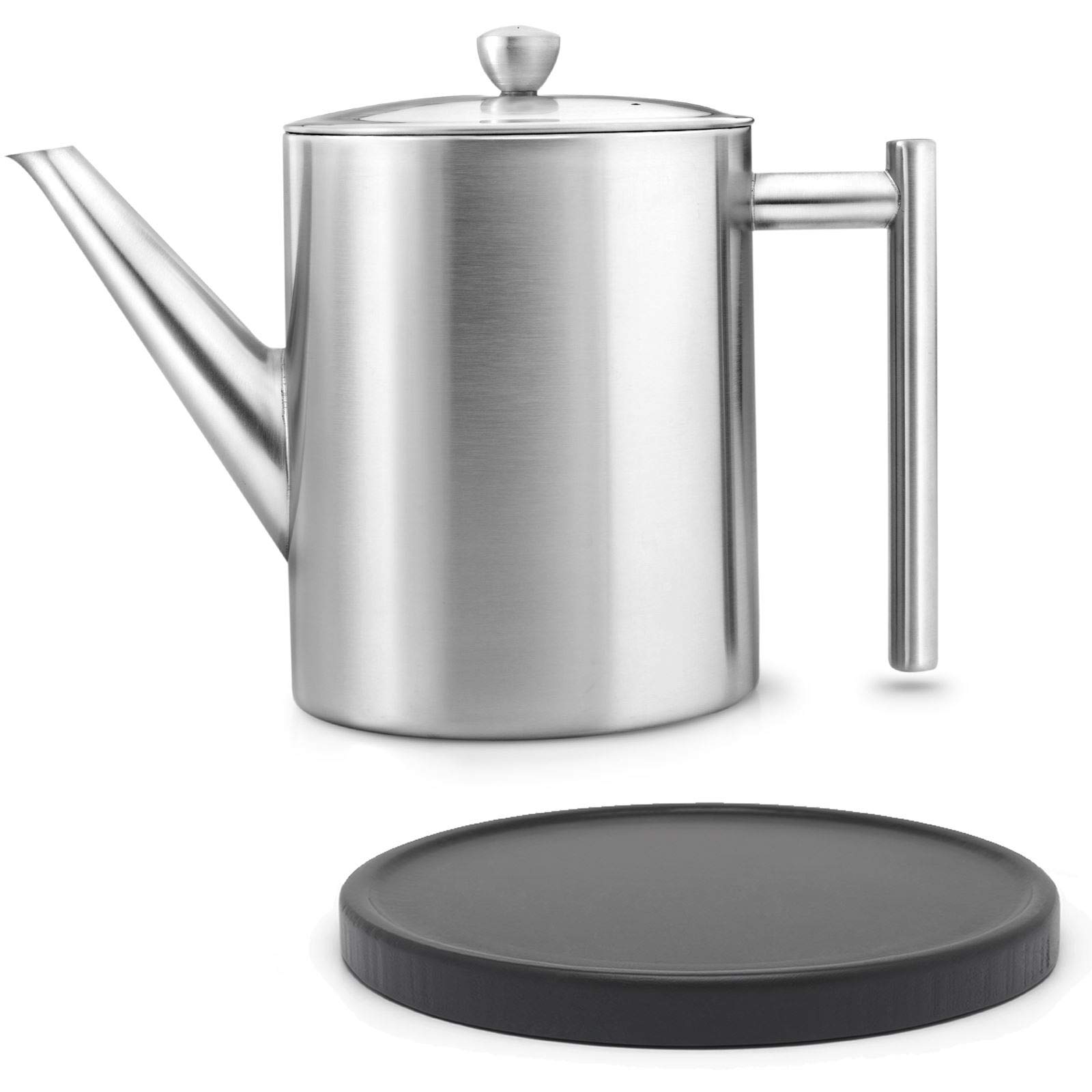 Bredemeijer hohe matte doppelwandige Edelstahl Teekanne 1.2 Liter & klassischer Teebereiter mit Tee-Filter Sieb-Einsatz für losen Tee & runder schwarzer Holzuntersetzer