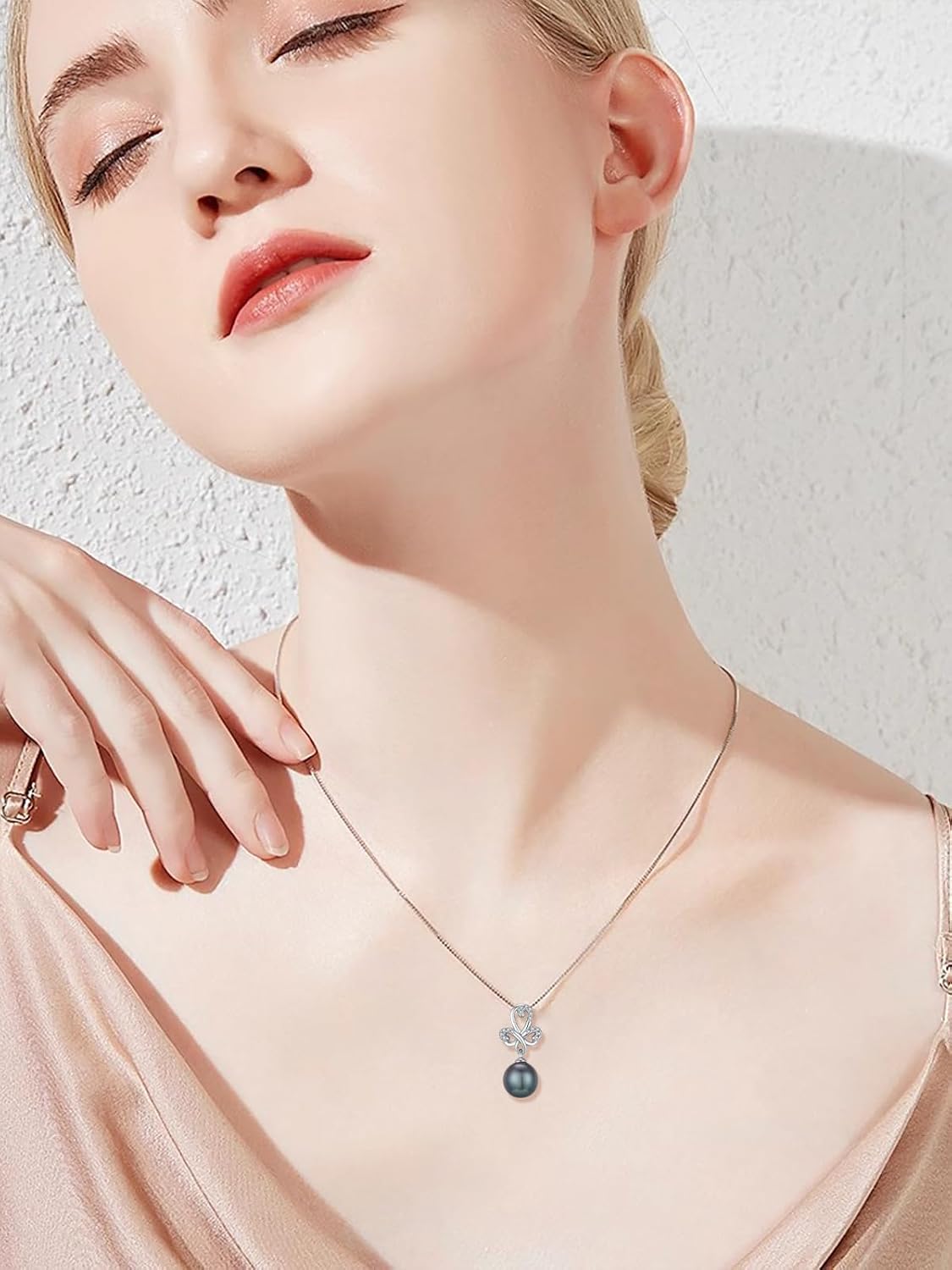 Tahitian Black Pearl 18K White Gold Plated Sterling Silver Heart/Infinity/Four Leaf Clover Pendant Necklace Jewelry Gifts for Women Wife Mom Girlfriend Wedding Birthday Anniversary Christmas - Image 3