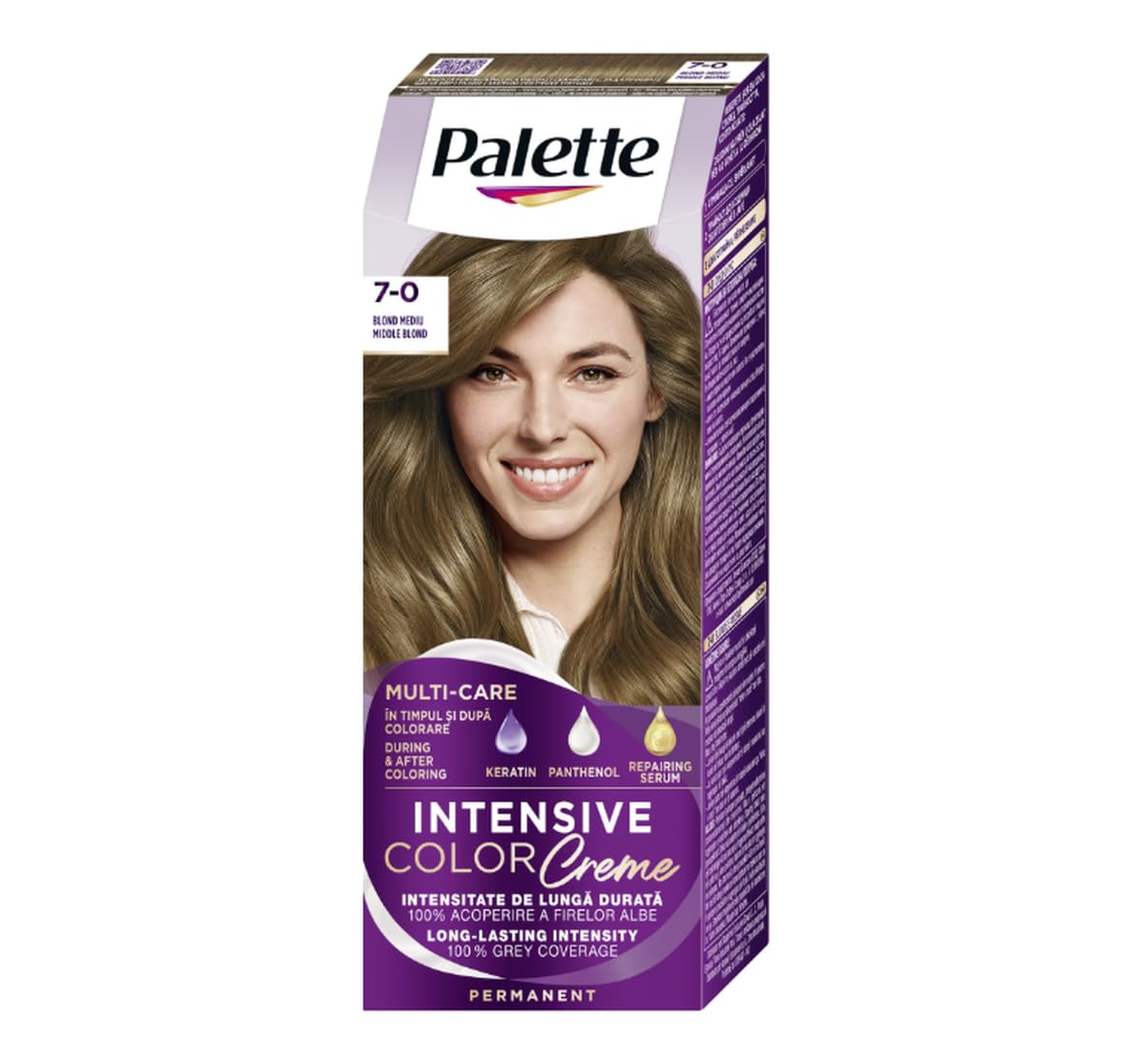 Schwarzkopf Palette Intensive Colour Cream Permanent Hair Dye - Shade 7-0 (N6) Medium Blonde - 100% Grey Coverage, Long-Lasting Radiance, Triple Care Formula