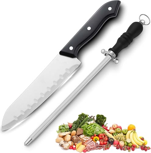 BEWOS Cuchillo Santoku de 7 pulgadas, cuchillo de cocina profesional de acero inoxidable con varilla de afilado, juego de cuchillos de chef ultra