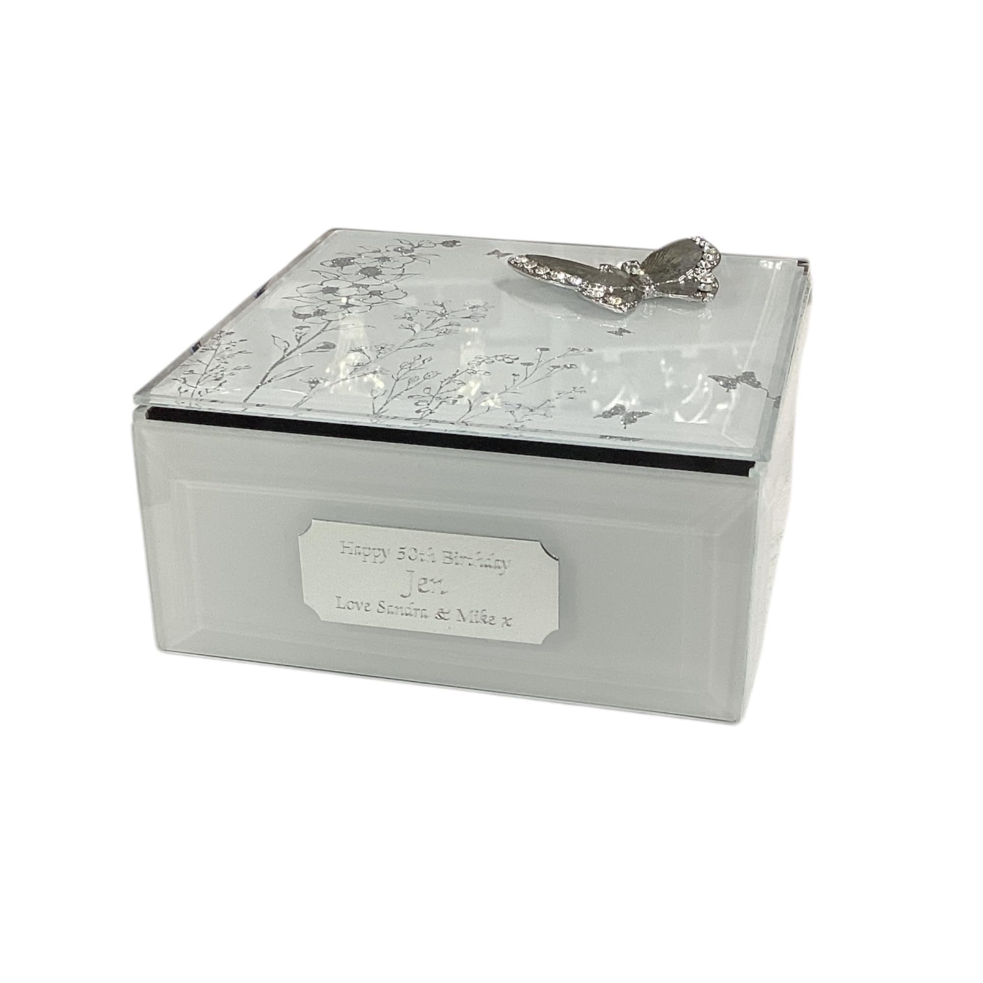Rutherfords Gifts Personalised Butterfly Glass Trinket Jewellery Box – Engraved Square Keepsake Gift for Her, Floral Design
