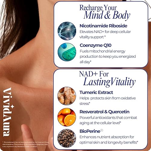 Miniatura 5 de Suplemento NAD+ para mujeres  Fórmula Radiance con resveratrol, CoQ10, cúrcuma y bioperina  Suplemento de renovación celular para mujeres