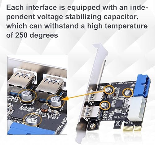 Miniatura 3 de Diyeeni Tarjeta de expansión PCIE a USB 3.0 de 2 puertos, tarjeta de puerto USB, tarjeta USB PCIe con conector interno de 20 pines, sin necesidad de