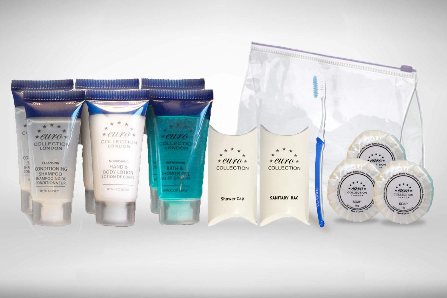 Euro 20 Mil Set in a Zip Lock PVC Bag, Contains Conditioning Shampoo+Shower Gel+Body Lotion+Soap+Shower Cap+Sanitary Bag+Toothbrush 5 Bags (7 Items per Bag)