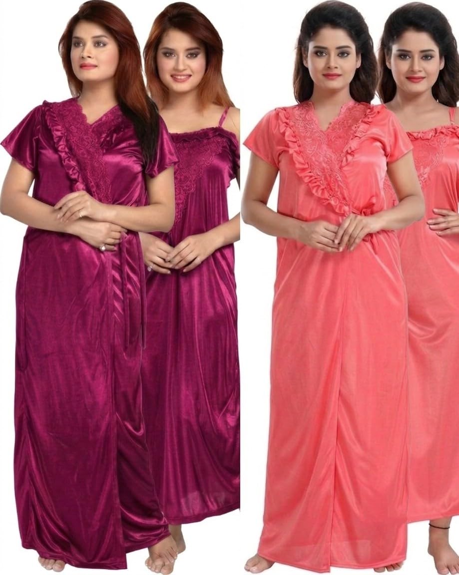 Satin Nighty and Robe Set with Lace Work, Free Size-image-16