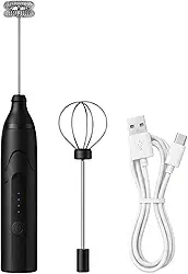 Espumador de Leite Elétrico e Mixer Portátil USB Recarregável – 3 Velocidades Potentes com 2 Cabeças (Mola e Fouet) – Batedor em Inox para Café, Cappuccino, Shakes e Ovos