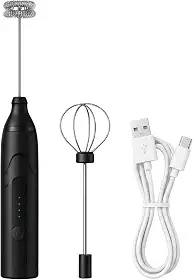 Espumador de Leite Elétrico e Mixer Portátil USB Recarregável – 3 Velocidades Potentes com 2 Cabeças (Mola e Fouet) – Batedor em Inox para Café, Cappuccino, Shakes e Ovos