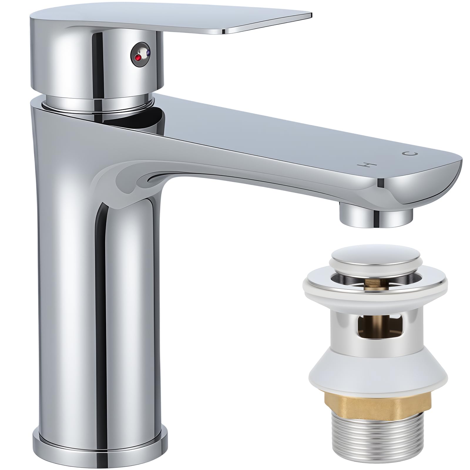 Grifo mezclador para lavabo de baño con desagüe emergente, grifo de fregadero de acero inoxidable con aireador, grifo de baño de una sola palanca, ahorro de agua, válvula de cerámica sin fugas, 1