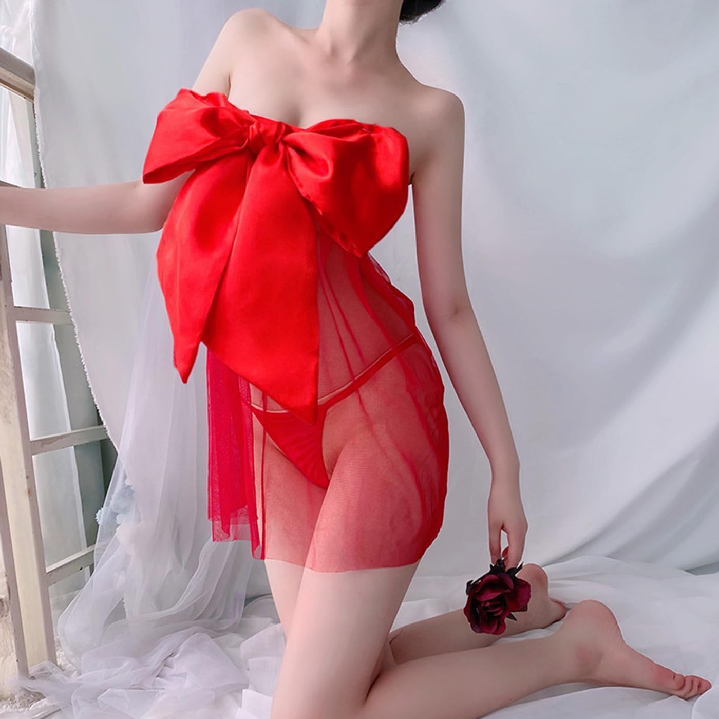 Sexy Christmas Lingerie Mesh Chemise Santa Babydoll Tube Top Dress Women Big Ribbon Bow Teddy Nightdress with G-String Red - Image 6