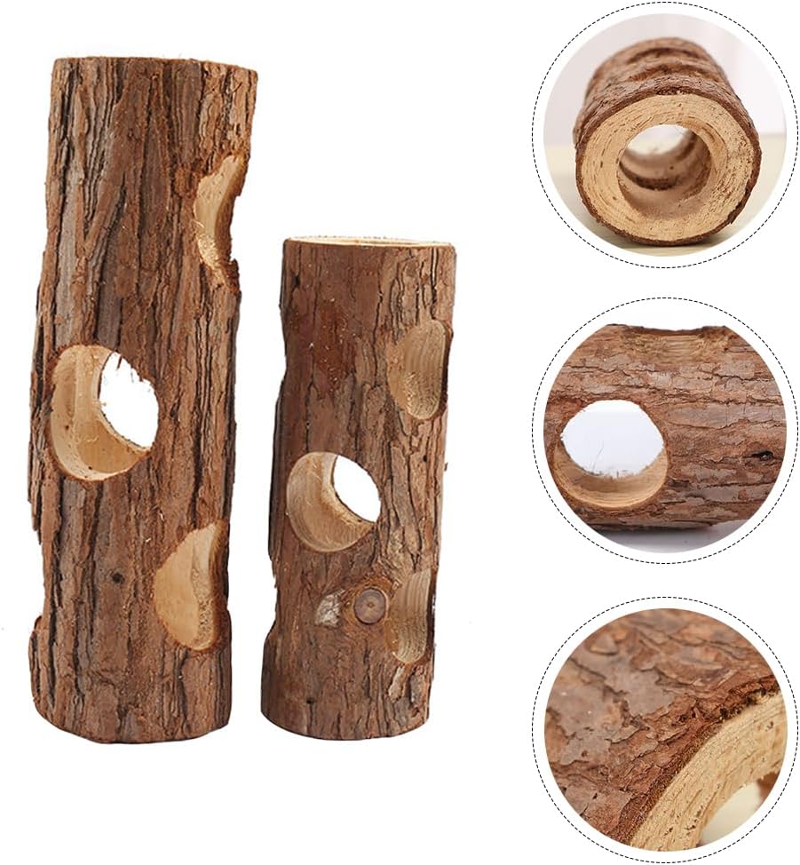 Mipcase Wooden Hamster Tunnel Toys 2-Pack Small Animal Hollow Tree Hole Play Tubes for Hamsters Guinea Pigs Rats Pet Hideout Shelter 7.87X2.16X2.16 Inch