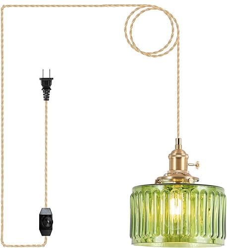 Miniatura 36 de Luces Colgantes para Isla de Cocina, Luz Colgante de Cristal Verde Accesorios de Iluminación Vintage, 9.4 pulgadas E26 Acabado Lámpara Colgante de