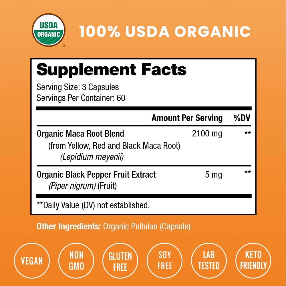 NutraChamps USDA Organic Maca Root Capsules for Women & Men, 2100mg, 180 Capsules, Black, Red & Yellow, Peruvian Maca Peruana, Gelatinized Maca Root Powder Extra Strength Pure Premium Supplement — Amazon image 2