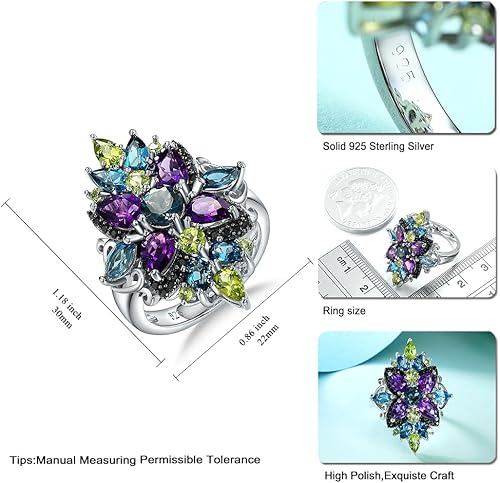 Miniatura 6 de Cocktail Rings for Women Natural Multicolor Gemstone Engagement Ring 925 Sterling Silver Wedding Anniversary Jewelry Gifts Size 6 to 10