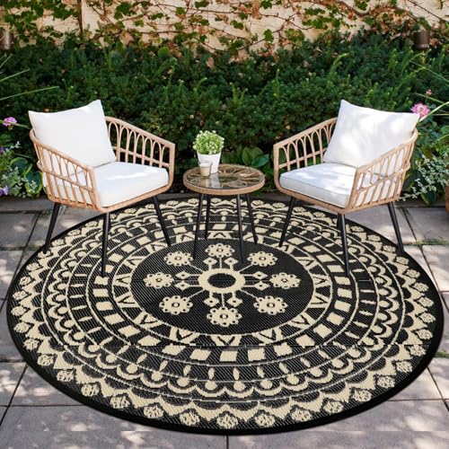 Capslpad 6Ft Round Outdoor Rug for Patio Reversible Mat Waterproof Plastic Straw Rug Boho Circle Indoor Outside Area Rug for RV Camping Picnic Pool Tent Balcony Beach Deck Doormats Decor Beige