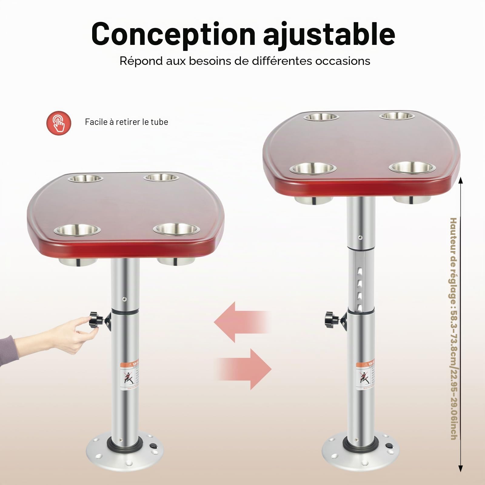 Table de bateau pliable avec pied, 4 porte-gobelets, télescopique, marine, camping-car, maison de moteur, 600 x 380 mm, table de bateau, plateau de table en chêne laqué