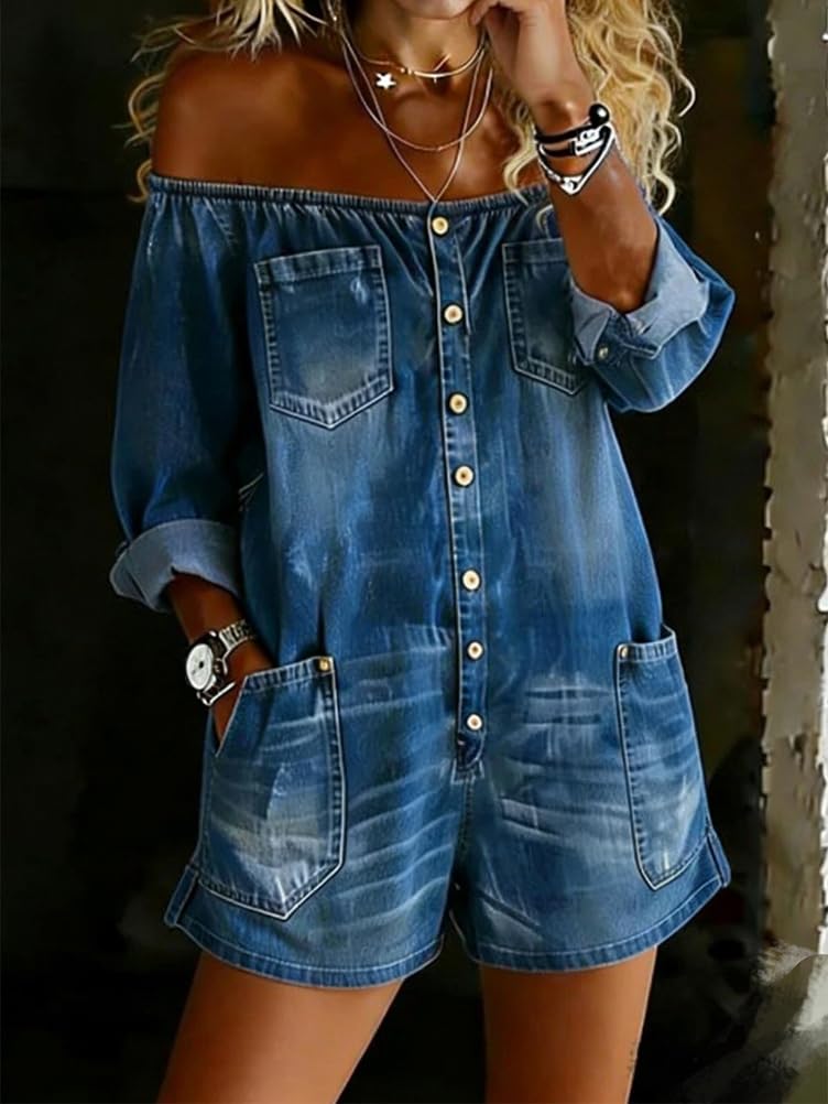 ORANDESIGNE Combishorts Femme Jeans Manche Longue Été Combinaison Jean Large Décontracté Chic élégante Combishort épaules Dénudées