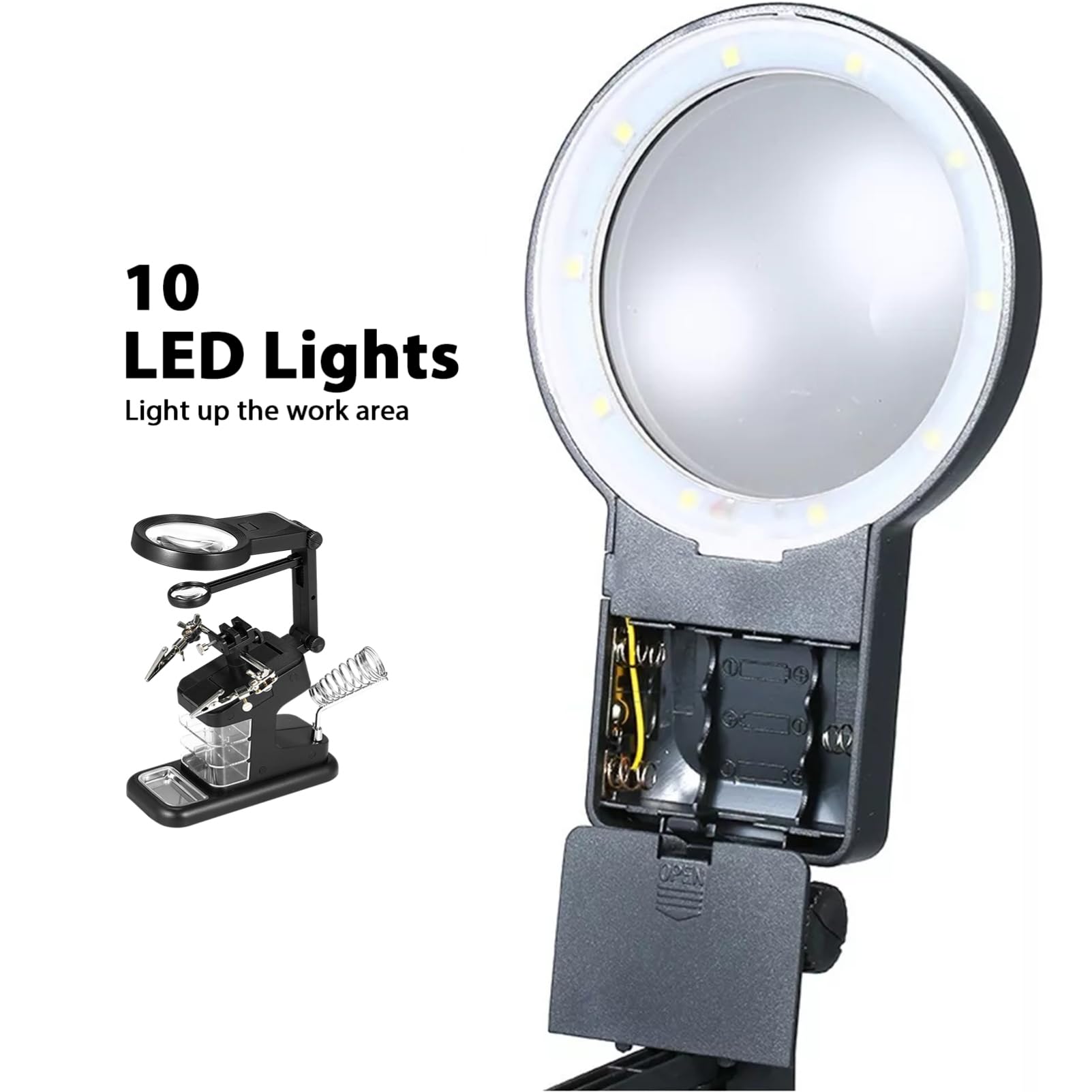 ABOOFAN Supporto Terza Mano Lente di Ingrandimento e 10 LED per Saldatura, Braccio Regolabile in Abs e Metallo per Riparazioni Elettroniche e Lavori di Precisione
