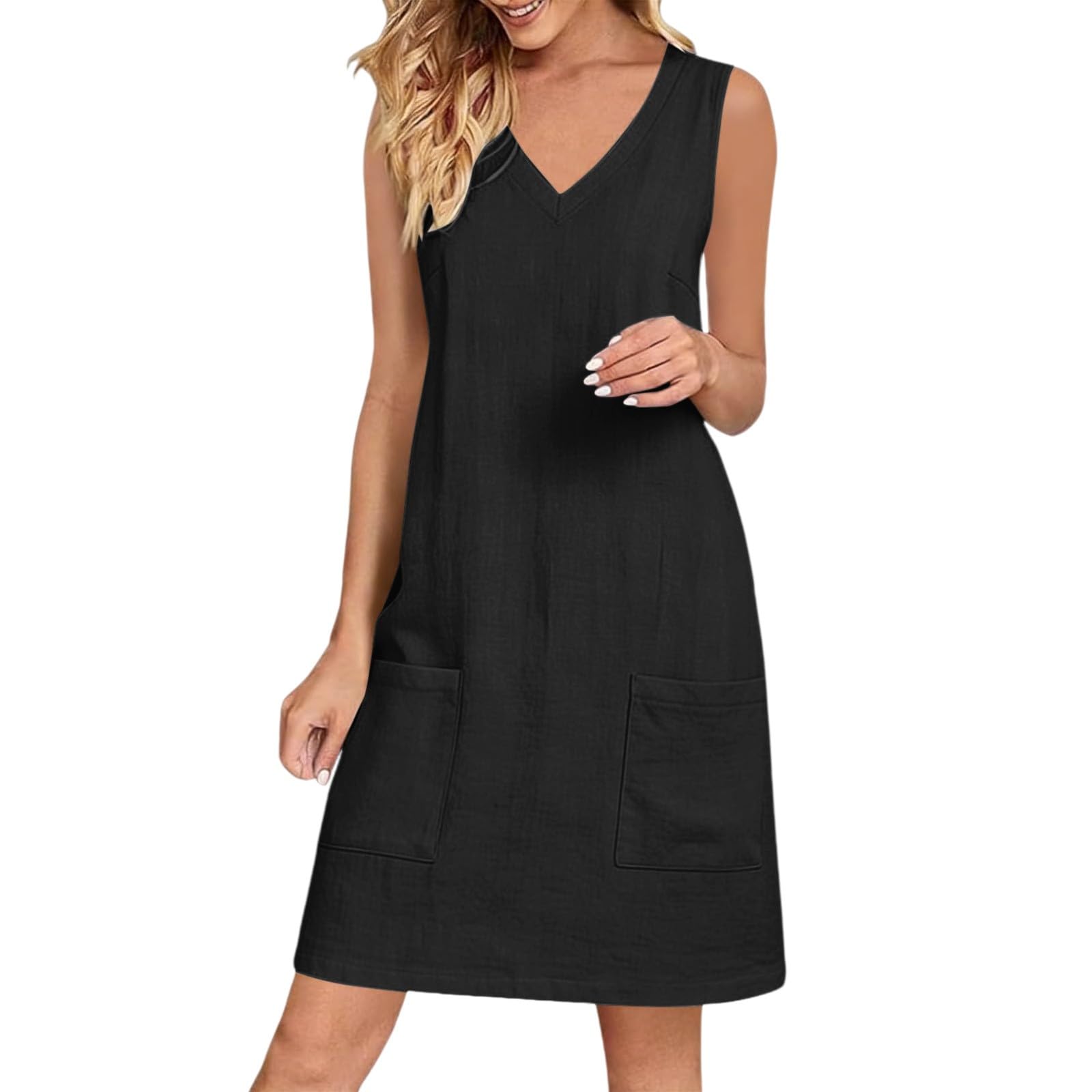 Vestido de verano ligero para mujer, largo hasta la rodilla, vestido de verano midi para la playa, vestido suelto sin mangas, ligero y aireado, vestido con bolsillos, línea A, mini vestido suelto