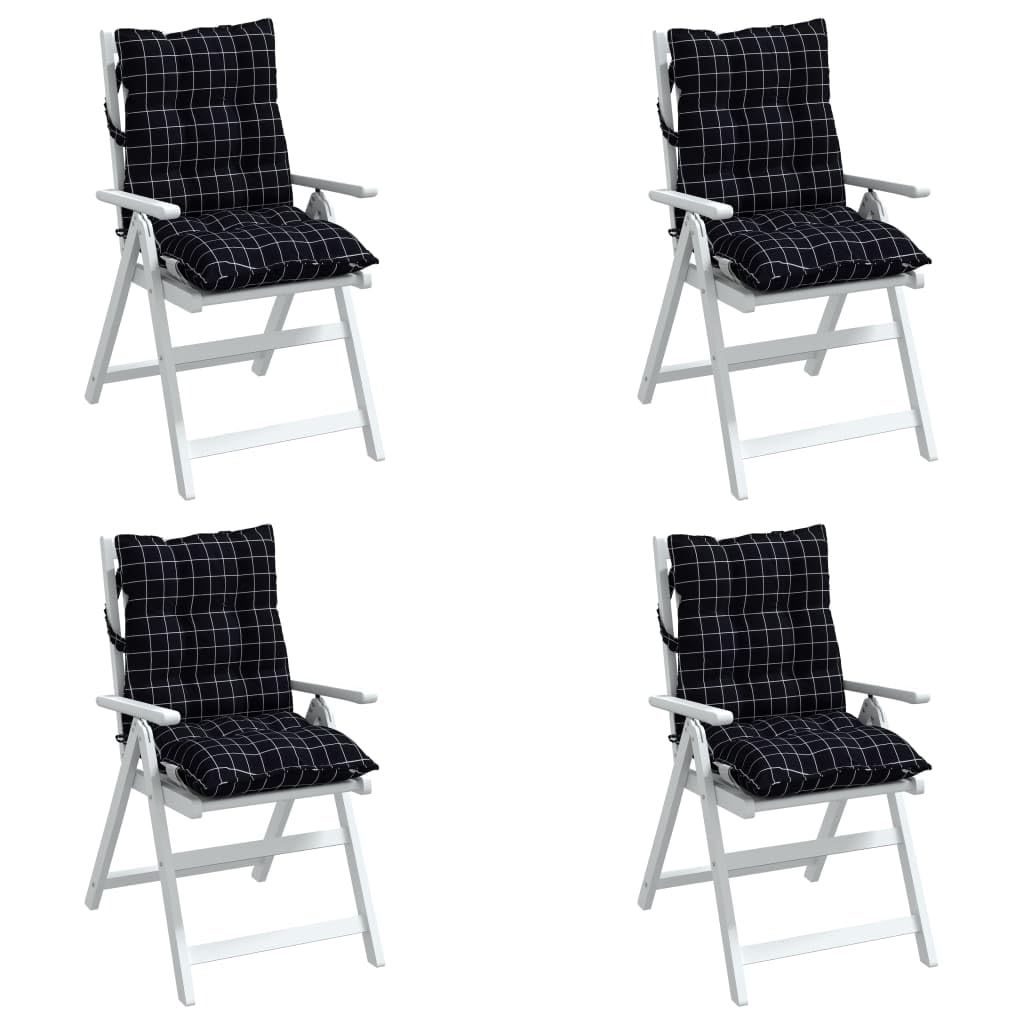4er Set Niedriglehner-Auflagen 100x50 cm Schwarz Karomuster | Weich gepolsterte Stuhlkissen mit Haltebändern für Garten, Terrasse und Balkon. Pflegeleichtes Oxford-Gewebe mit Komfort.