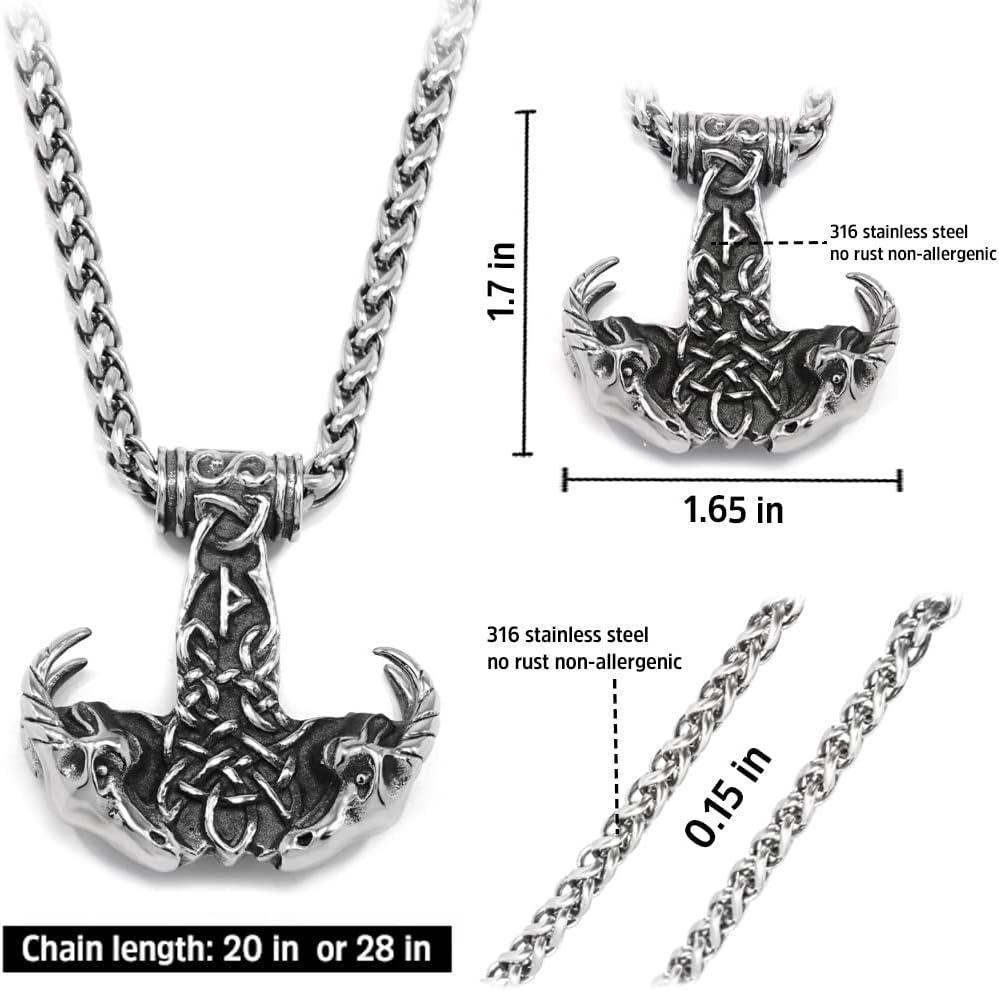 BAVIPOWER Viking Ram Goat Head Mjolnir Pendant Thors Hammer Necklace Stainless Steel Norse Pagan Jewelry for Men Women
