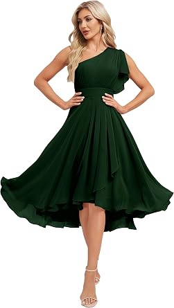 Womens One Shoulder Short Bridesmaid Dresses Chiffon Ruffles Formal Evening Gown A-line Pleated Wedding Guest Dress