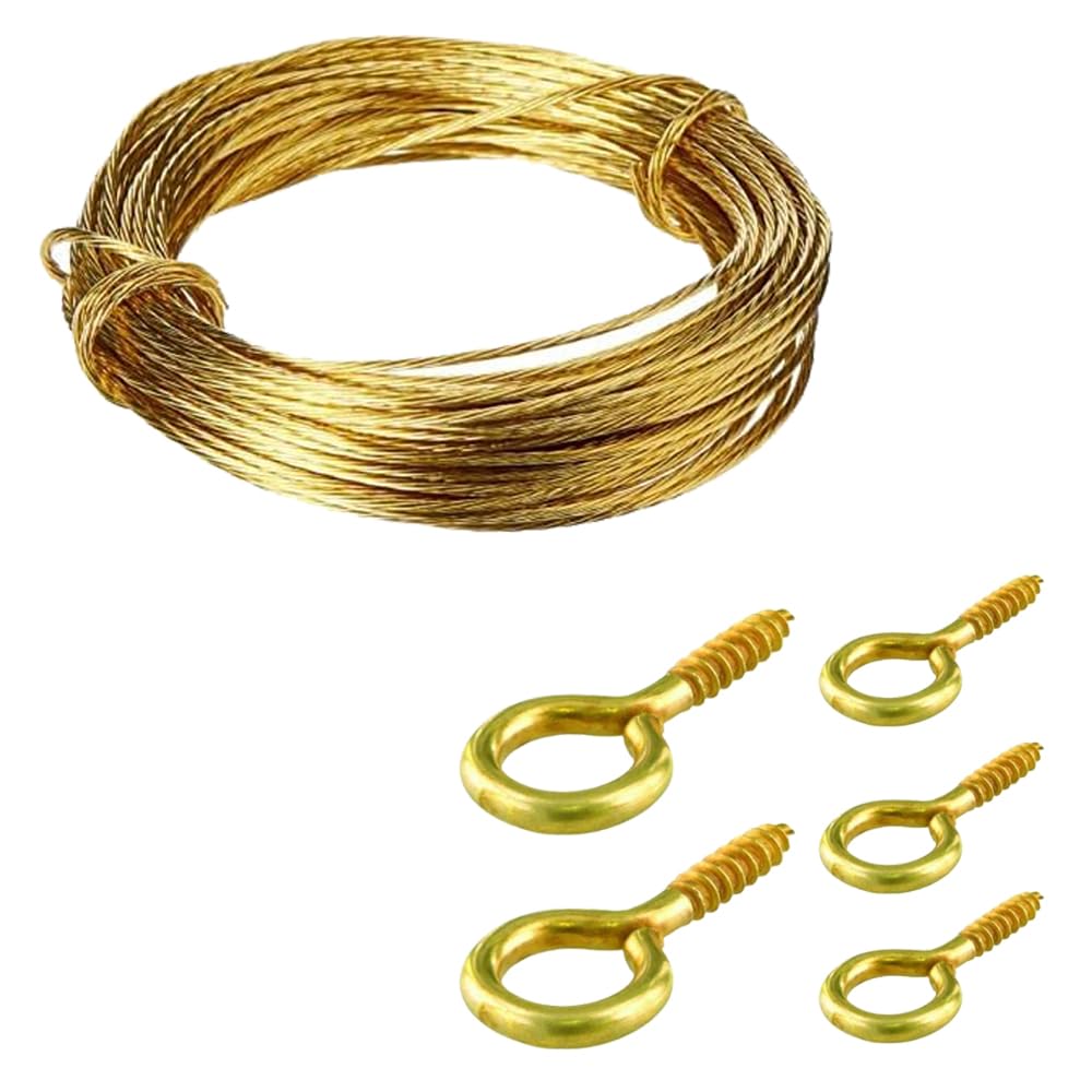 Brass Picture Hanging Wire Kit 3m with 20 Eye Screw Hooks