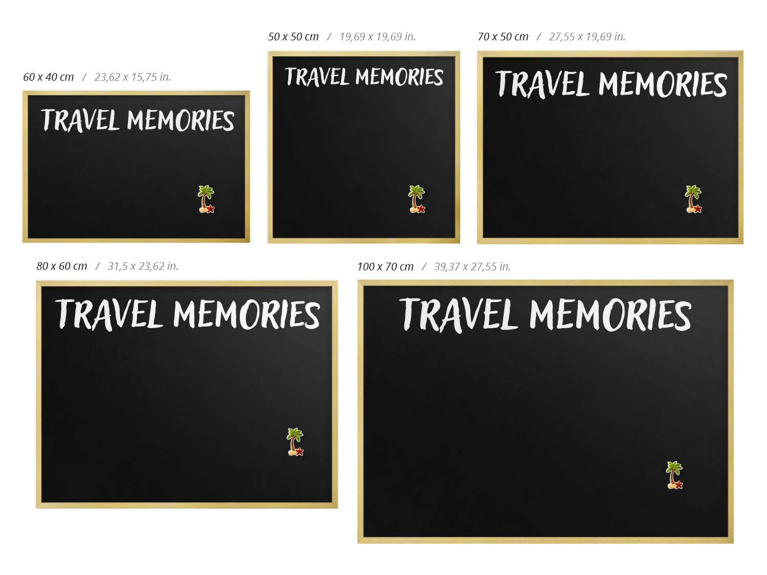 Pizarra Magnética de Pared 100x70 cm | con Marco Dorado | Travel Memories | Montaje Fácil | Tablero Imantado | Para Imanes Turísticos, Recuerdos de Viaje y Fotos | Decoración para Salón o Pasillo