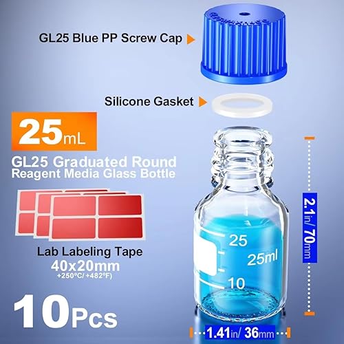Miniatura 2 de GL25 - Botellas redondas de almacenamiento de medios de 0.8 fl oz con tapa de rosca azul GL25, anillo de vertido de PP y junta de silicona,