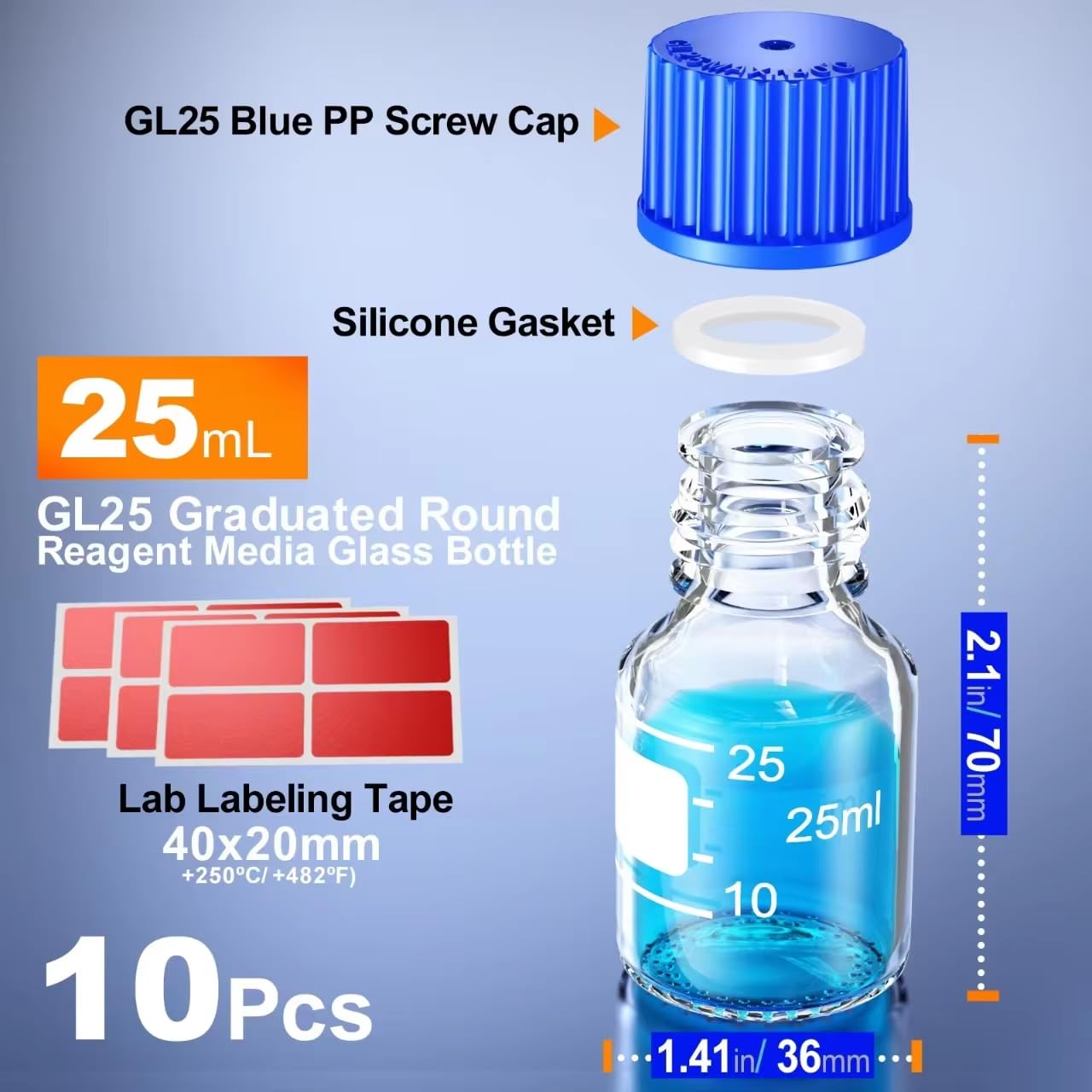 GL25 GL32 GL45 da 25 ml da 50 ml, GL45, 100 ml, 250 ml, 500 ml, 1000 ml, bottiglie di vetro con tappo a vite blu GL45, anello per versare in PP e guarnizione in silicone, adesivi (25 ml, 10pcs)