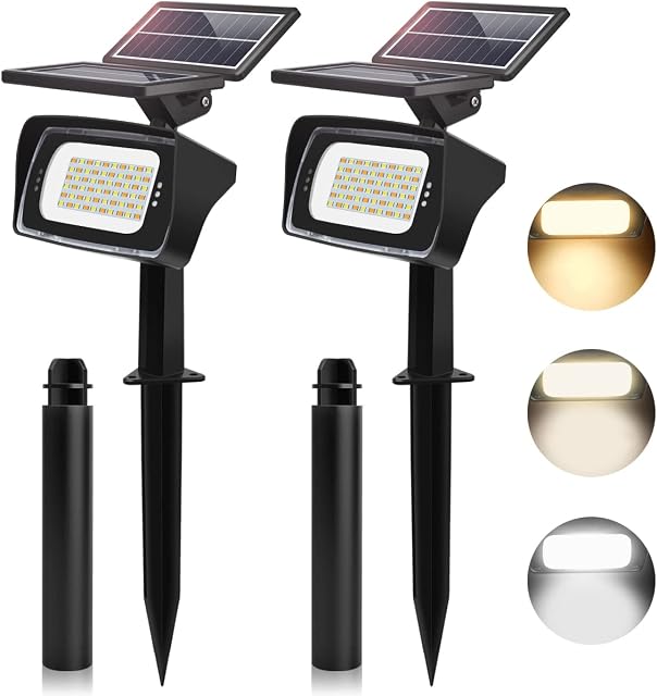 MEIKEE 60 LED Solar Spot Lights Outdoor Garden Stake 2700K/4000K/6000K Dusk-to-Dawn Solar Garden Lights Outdoor Waterproof IP66 Outdoor Wall Lights Pathway Lights for Yard Patio Tree, 2 Pack