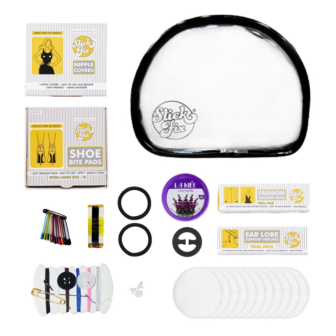 SlickFix Fashion Emergency Kit with Travel Pouch | 13 Must-Have Fashion & Wardrobe Fix Essentials – Safety Pins, Dressing Tape, Nipple Pasties, Shoe Bite Pads & More | Perfect for Travel, Weddings & Daily Use-image-9