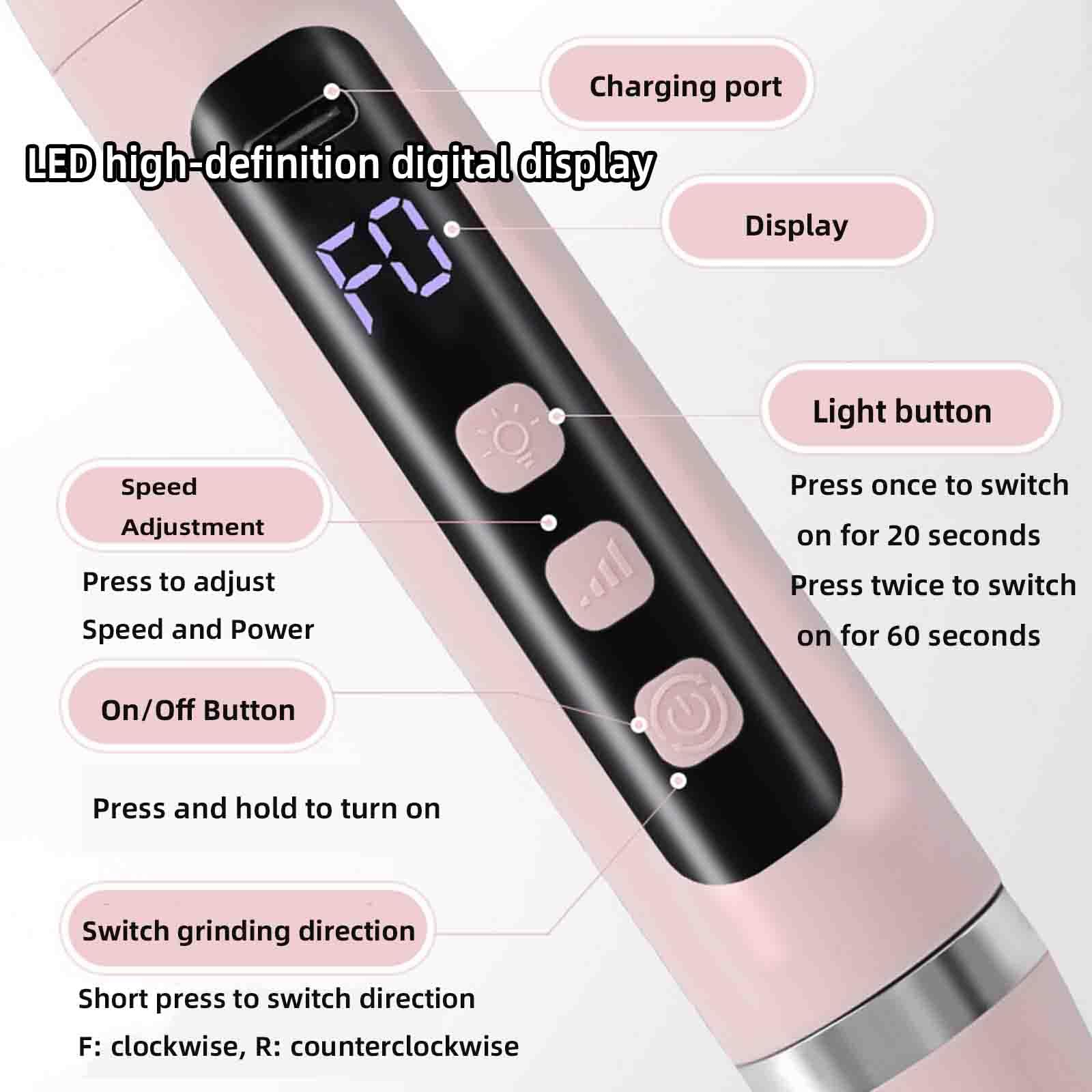 Torno Para Uñas Profesional Torno Uñas Cortauñas Electrico Adultos Profesional Electrico Mango largo Kit Pequeño Portátil Recargable Por USB Potente Velocidad De Rotación (pink,18.7x2.6cm)