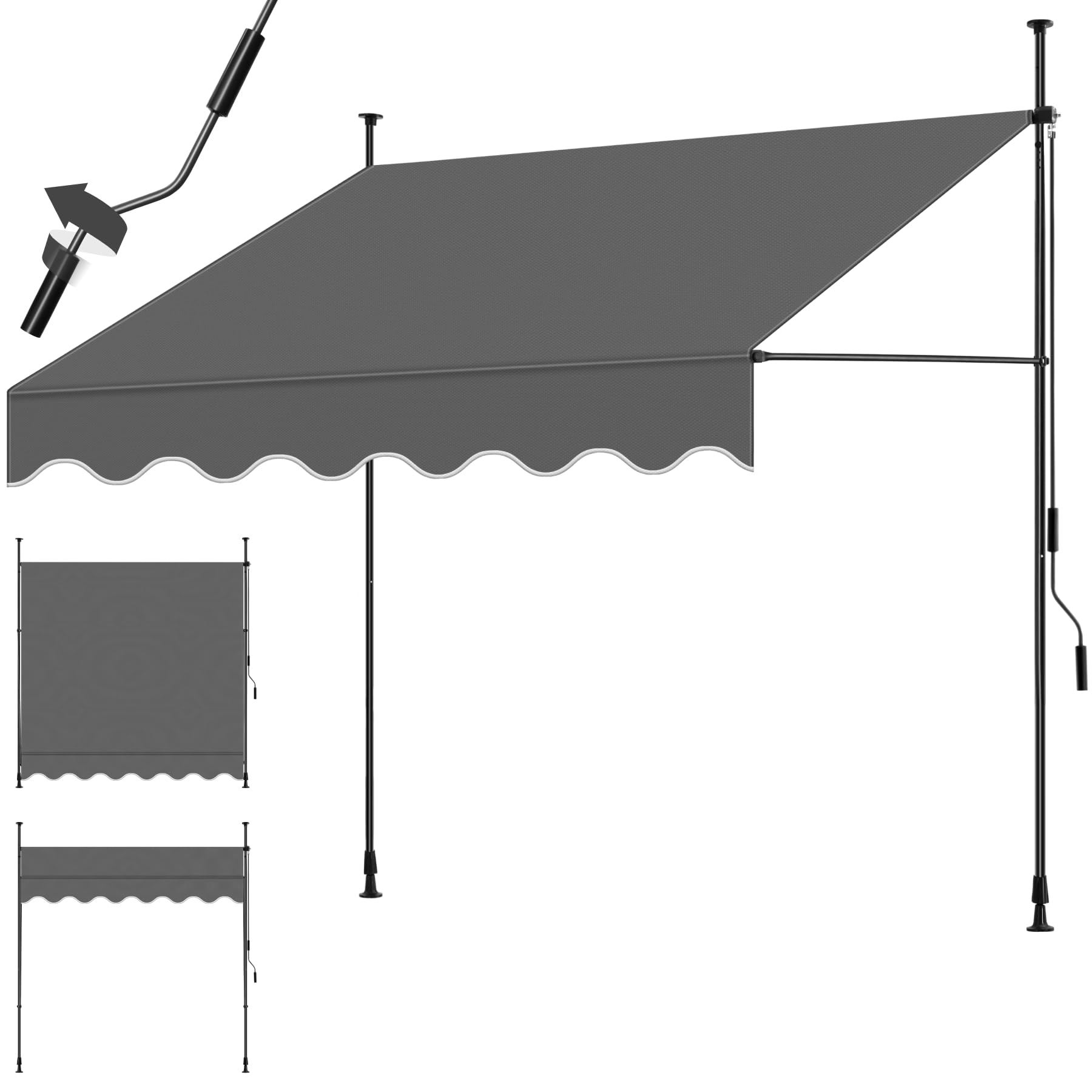 tectake® Toldo Terraza Manual Regulable en Altura con Manivela, Toldo Balcón sin Taladros, Extensible Terraza, Resistente a Rayos UV, Protección Solar y Repelente al Agua - 200 cm - Negro/Gris