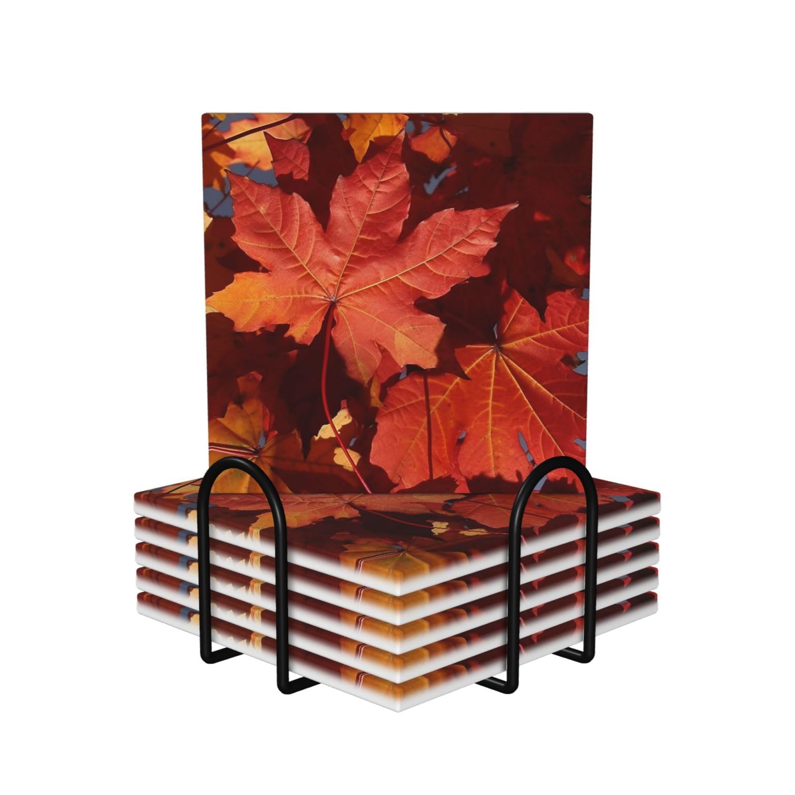 6Pcs Ceramics Coaster for Drinks, Fall Maple Leafs Cup Coasters with Holder, Aesthetic Drink Coasters for Coffee Table, Absorbent Round Coaster for Tabletop Protection 4" Cup Mat Pad