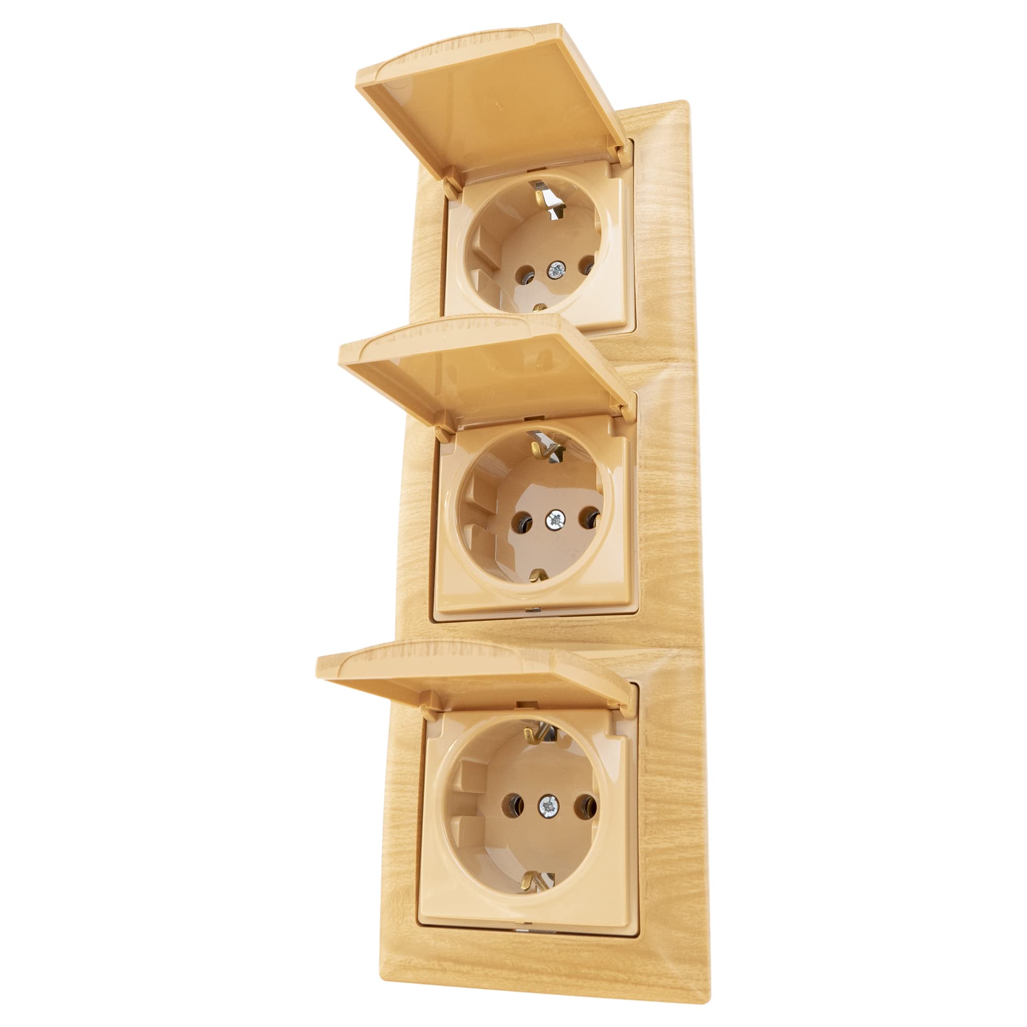 GUNSAN Visage 3er 3-fach Steckdose mit Deckel und Rahmen SET Schutzkontakt Steckdose Unterputz Holz-Optik Beige