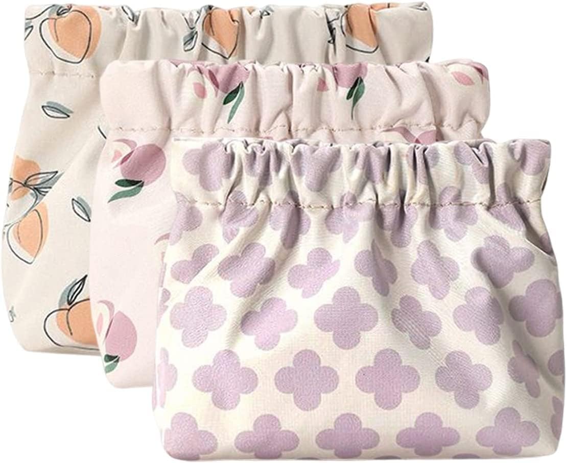 3Pcs Lambskin Pocket Cosmetic Bag, SYOSI Flower Portable Mini Lipstick Storage Bag, Waterproof Leather Squeeze Self-Closing No Zipper Portable Travel Makeup Pouch