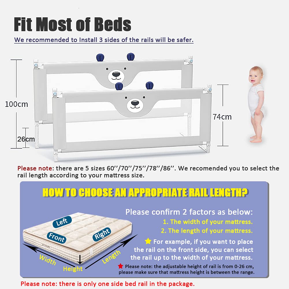 Bed Rail for Toddlers, 60’’70’’75“78’’86’’ Extra Long Baby Bed Rail Guard Lifting Vertically, 1 Side of Free-Tool Assembled Bed Rail Guard for Toddlers Fit Queen Bed, King Bed (75 Inch, Grey Moon) : Baby