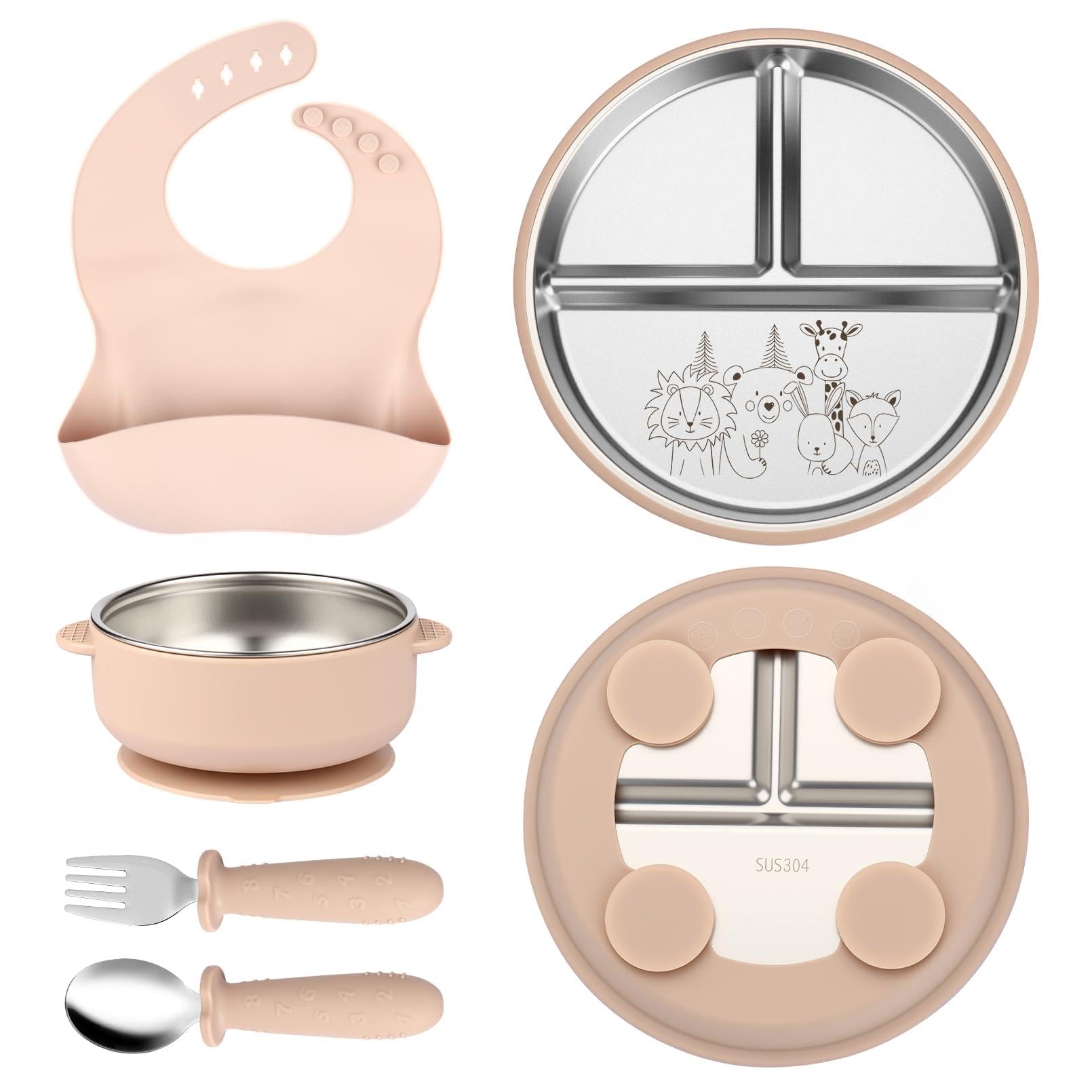 OXYEFEI Edelstahl Teller Baby,Kindergeschirr Set mit Tiermotiven Baby Teller mit Saugnapf Geburtstagsgeschenke für Babys, Taufgeschenke (Beige, Tier 1)