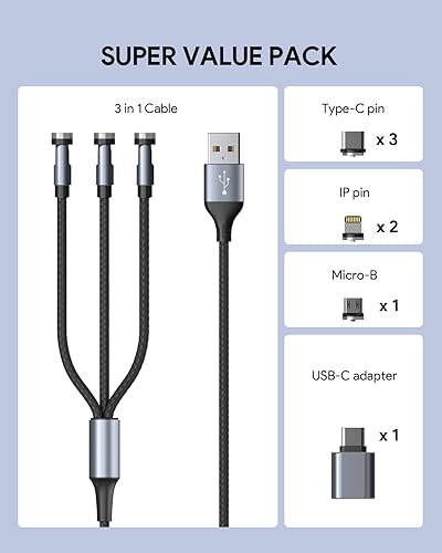 Miniatura 7 de Aubika Cable de carga múltiple magnético, cable de carga giratorio 3 en 1 de 4 pies con luz LED, adaptador USB-C, 6 conectores incluidos