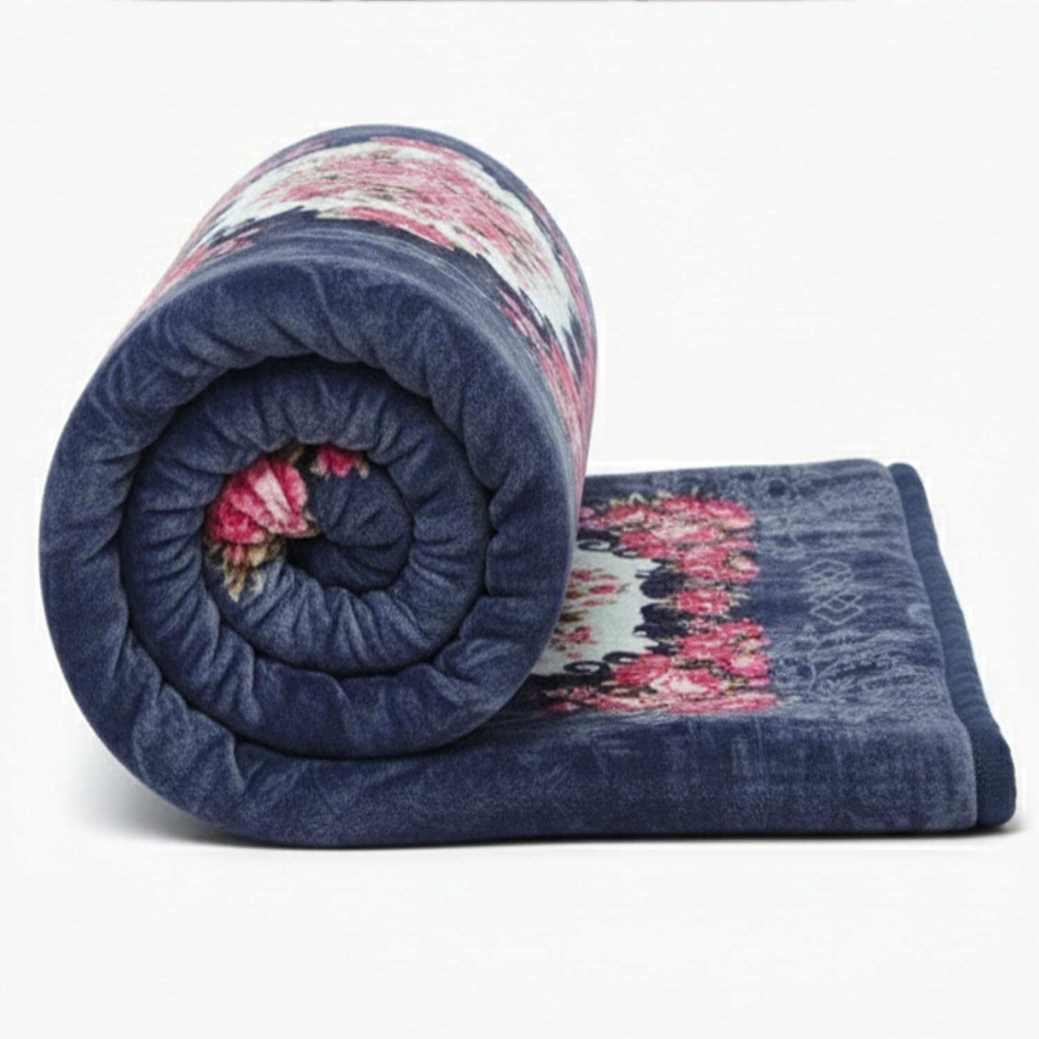 Luxurious Heavyweight Microfiber Korean-Style Plush Blanket, Floral Velvet, 240x220 cm, Winter Comfort, Single Layer (Dark Blue Multicolor, Single)-image-8