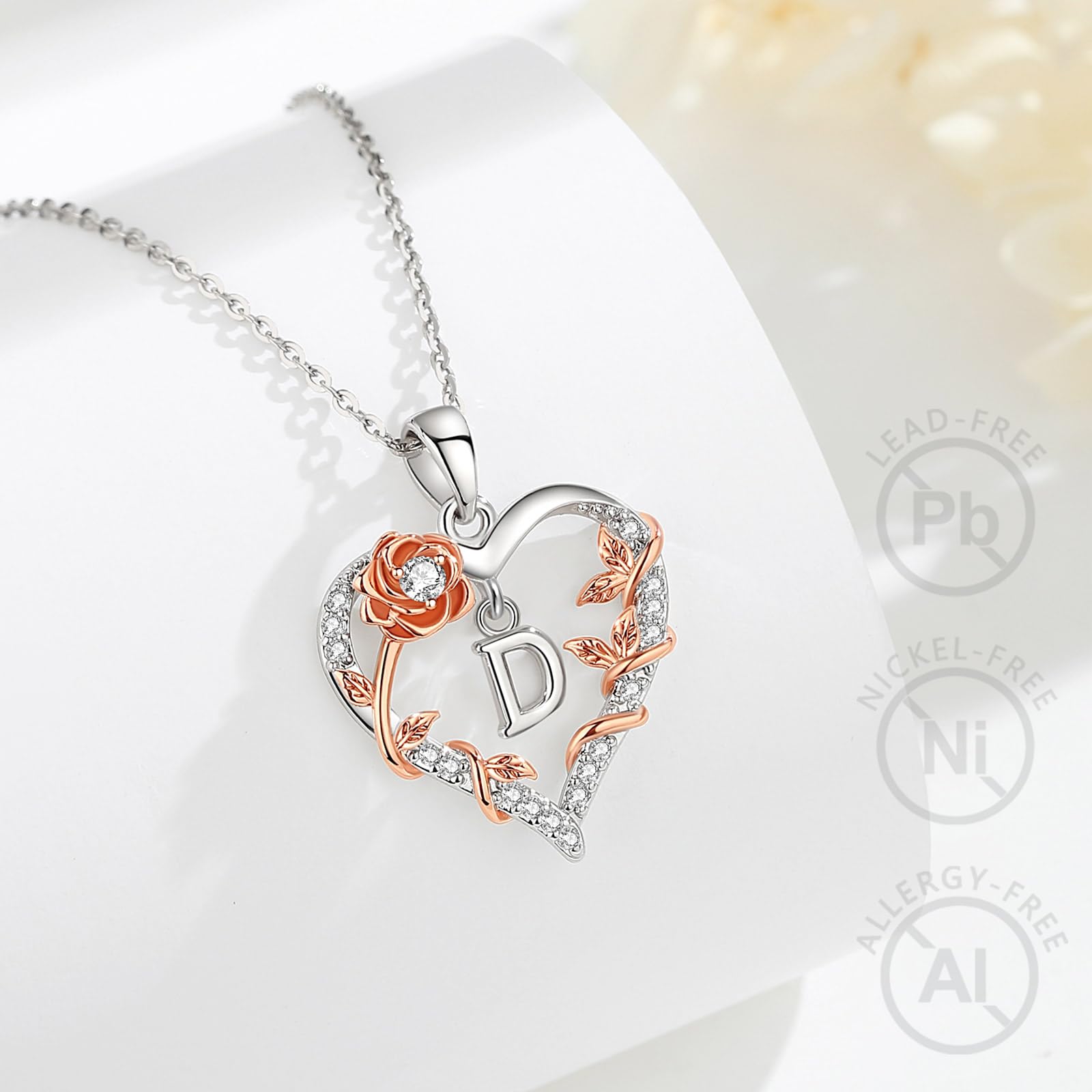 EUDORA Harmony Ball Collana con iniziali a Cuore Rosa per Donne, Lettera dalla A alla Z Collane con Iniziali dell'Alfabeto in Rame Placcato in Rodio Iniziali con Ciondolo Regali di Gioielli, 18"