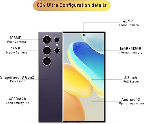 Miniatura 3 de C24 Ultra 5G Smartphone 16+512GB teléfono desbloqueado, cámara de zoom de 48+108MP, 6800mAh 6.8 pulgadas pantalla HD desbloqueada, teléfono celular