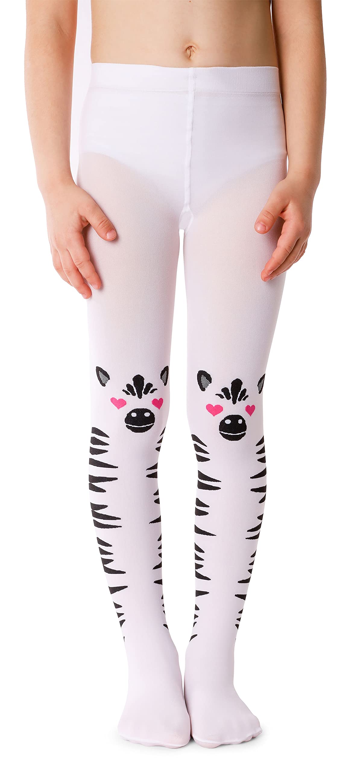 Noq Girls Zappa Bianco Fancy Printed Tights Patterned Footed Pantyhose 40 Den Dance School Animal Print Over Knee Socks Imitation, 8-9 Years (128-134)